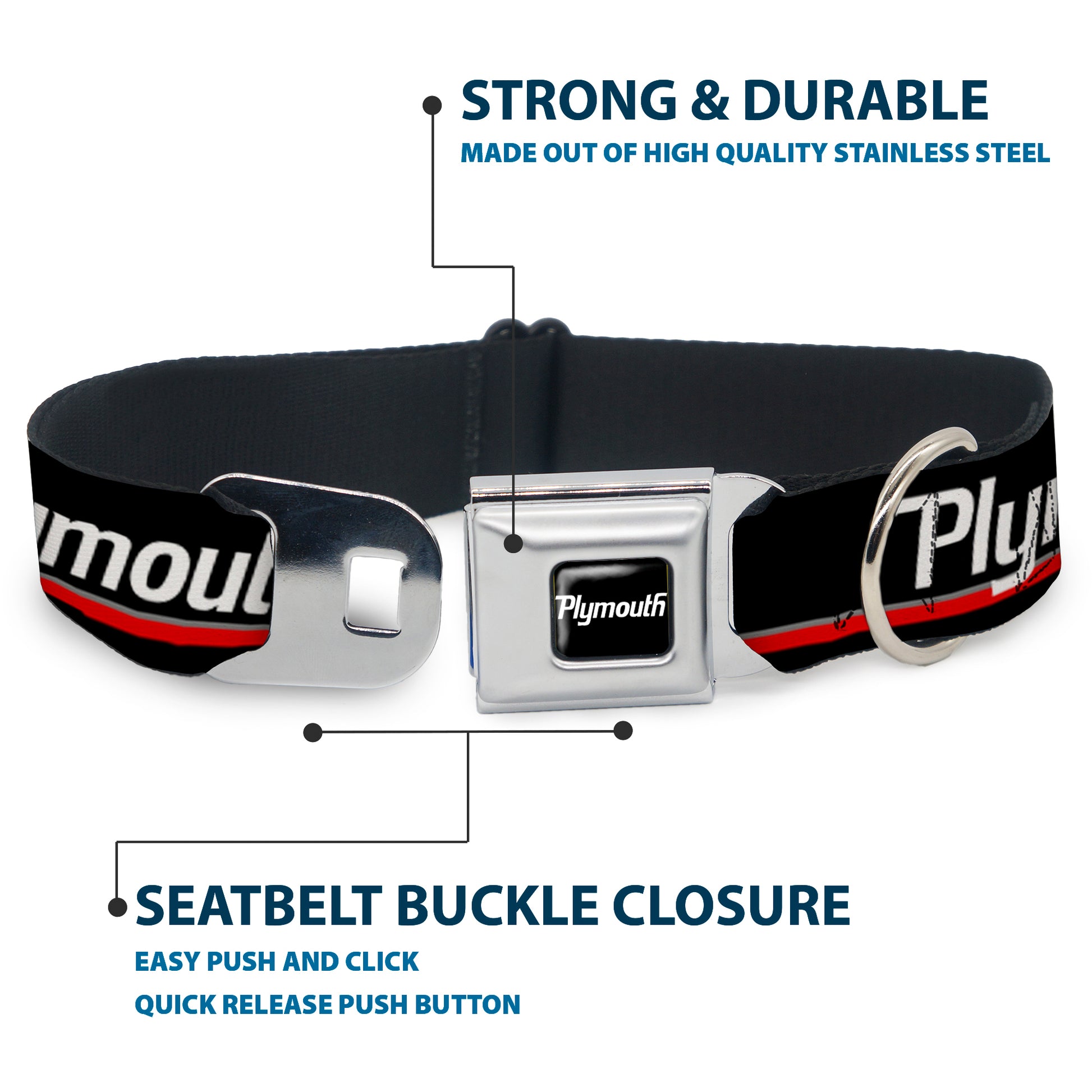 PLYMOUTH Text Logo Full Color Black/White Seatbelt Buckle Collar - PLYMOUTH Text/Stripe Black/White/Gray/Red Seatbelt Buckle Collars Dodge