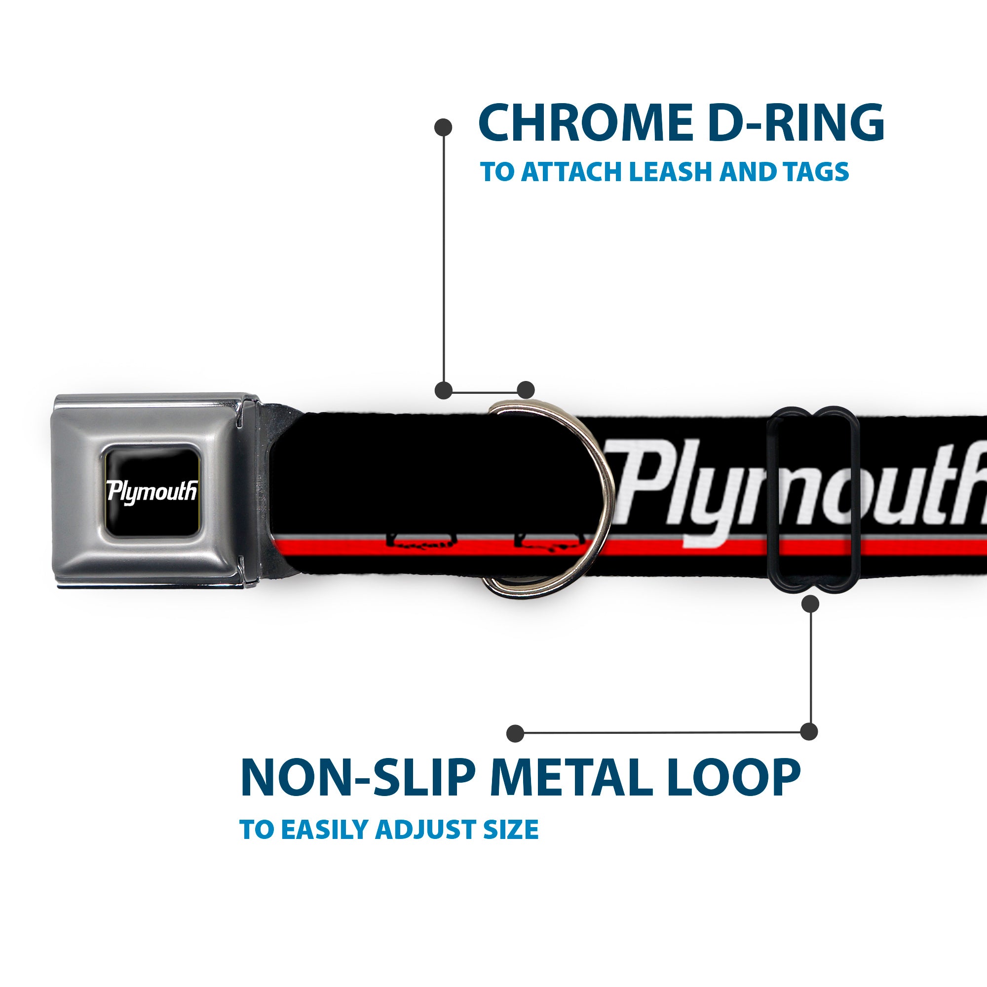 PLYMOUTH Text Logo Full Color Black/White Seatbelt Buckle Collar - PLYMOUTH Text/Stripe Black/White/Gray/Red Seatbelt Buckle Collars Dodge