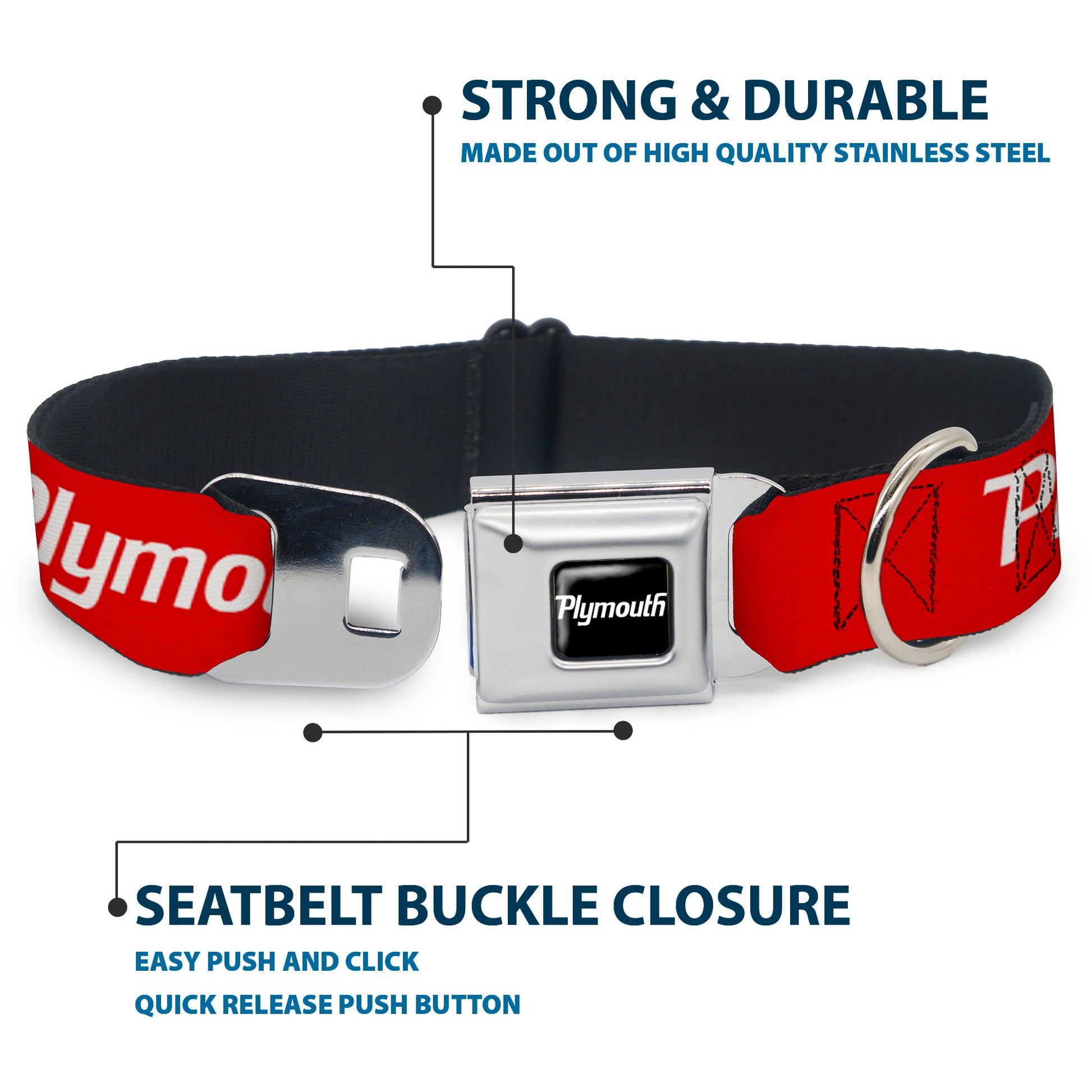 PLYMOUTH Text Logo Full Color Black/White Seatbelt Buckle Collar - PLYMOUTH Text Logo Red/White Seatbelt Buckle Collars Dodge