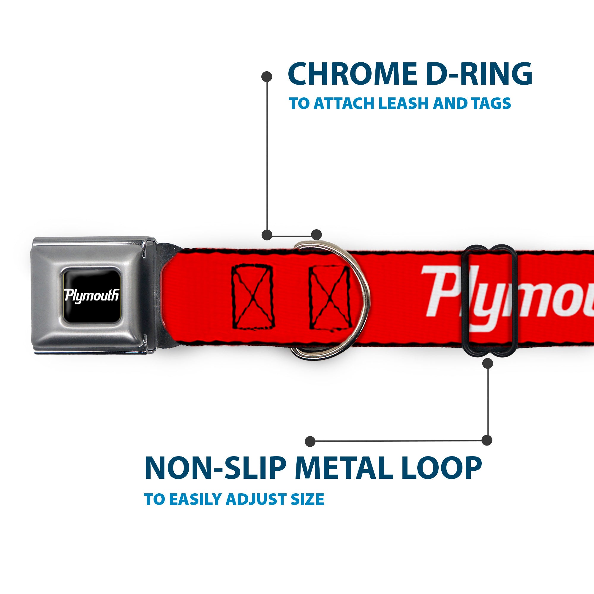 PLYMOUTH Text Logo Full Color Black/White Seatbelt Buckle Collar - PLYMOUTH Text Logo Red/White Seatbelt Buckle Collars Dodge