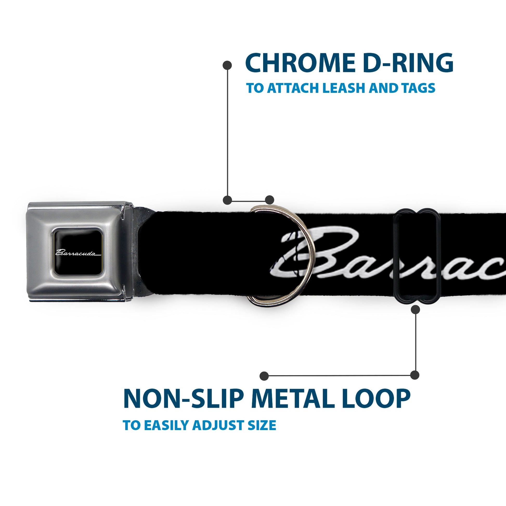 BARRACUDA Script Logo Full Color Black/White Seatbelt Buckle Collar - BARRACUDA Script Logo Black/Silver Seatbelt Buckle Collars Dodge