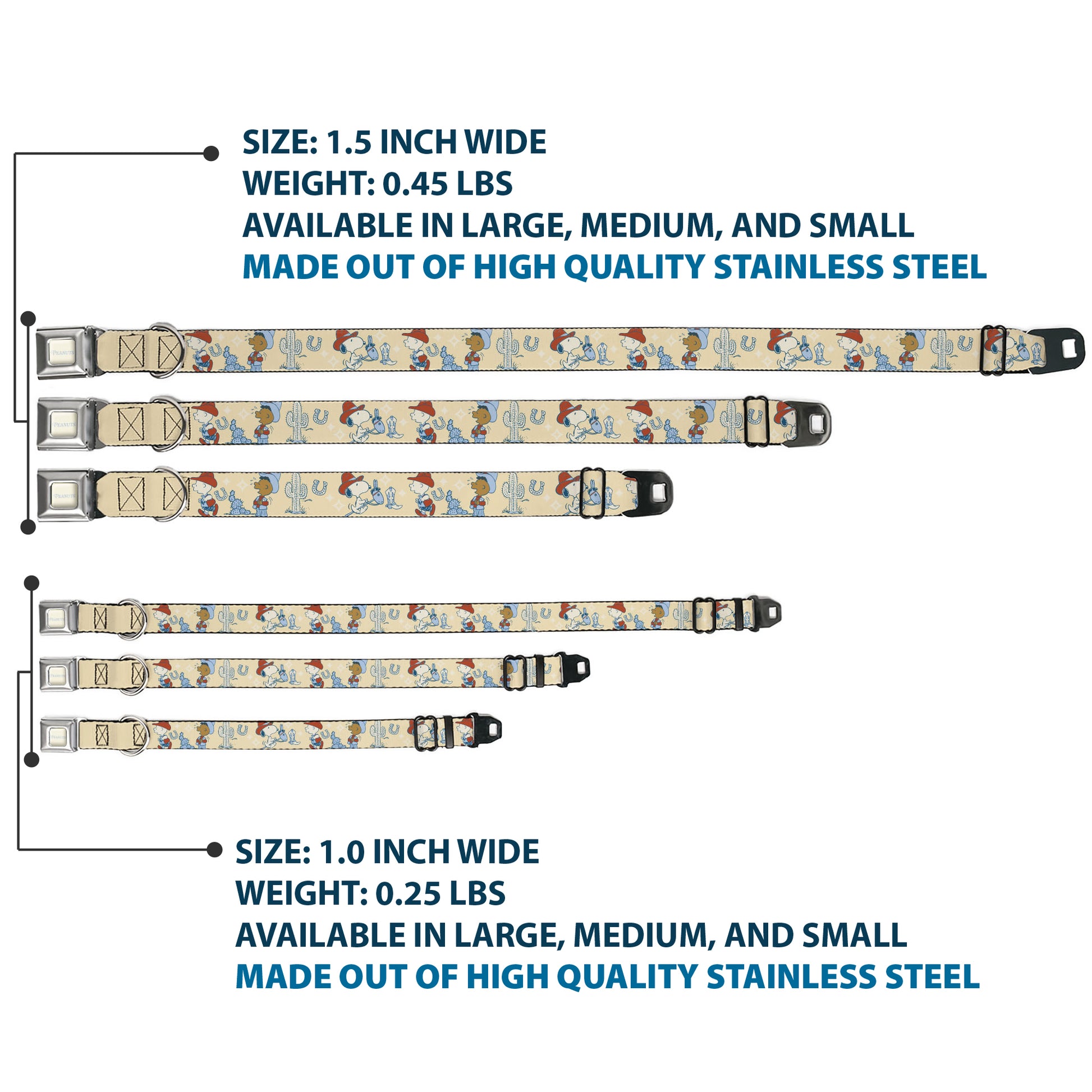 PEANUTS Title Logo Full Color Cream/Light Blue Seatbelt Buckle Collar - Peanuts Snoopy and Friends Desert Cowboy Poses Beige Seatbelt Buckle Collars Peanuts