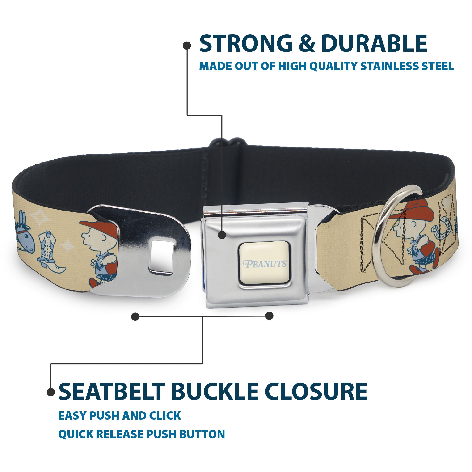PEANUTS Title Logo Full Color Cream/Light Blue Seatbelt Buckle Collar - Peanuts Snoopy and Friends Desert Cowboy Poses Beige Seatbelt Buckle Collars Peanuts