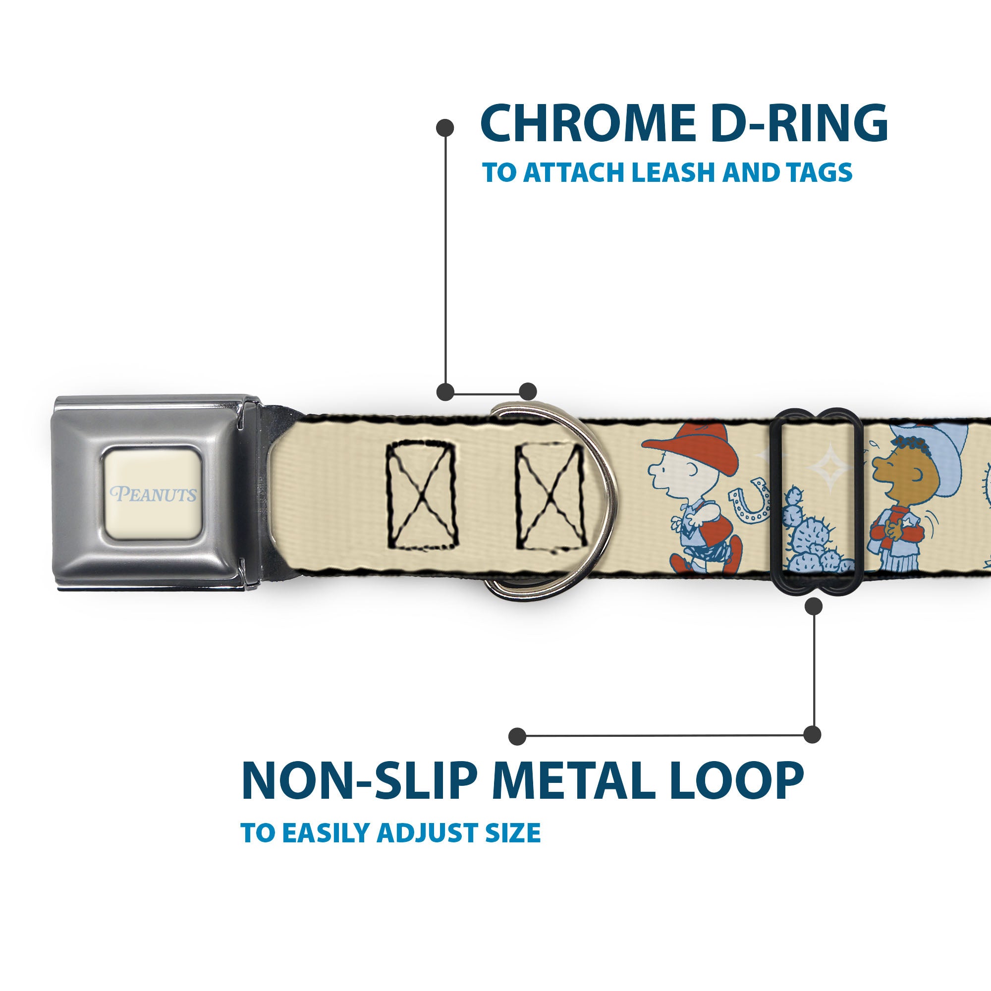 PEANUTS Title Logo Full Color Cream/Light Blue Seatbelt Buckle Collar - Peanuts Snoopy and Friends Desert Cowboy Poses Beige Seatbelt Buckle Collars Peanuts
