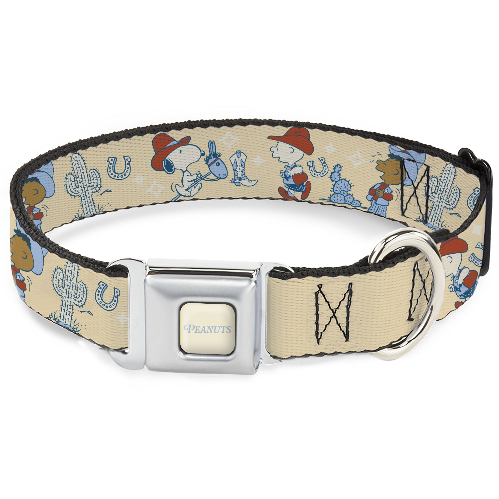 PEANUTS Title Logo Full Color Cream/Light Blue Seatbelt Buckle Collar - Peanuts Snoopy and Friends Desert Cowboy Poses Beige Seatbelt Buckle Collars Peanuts