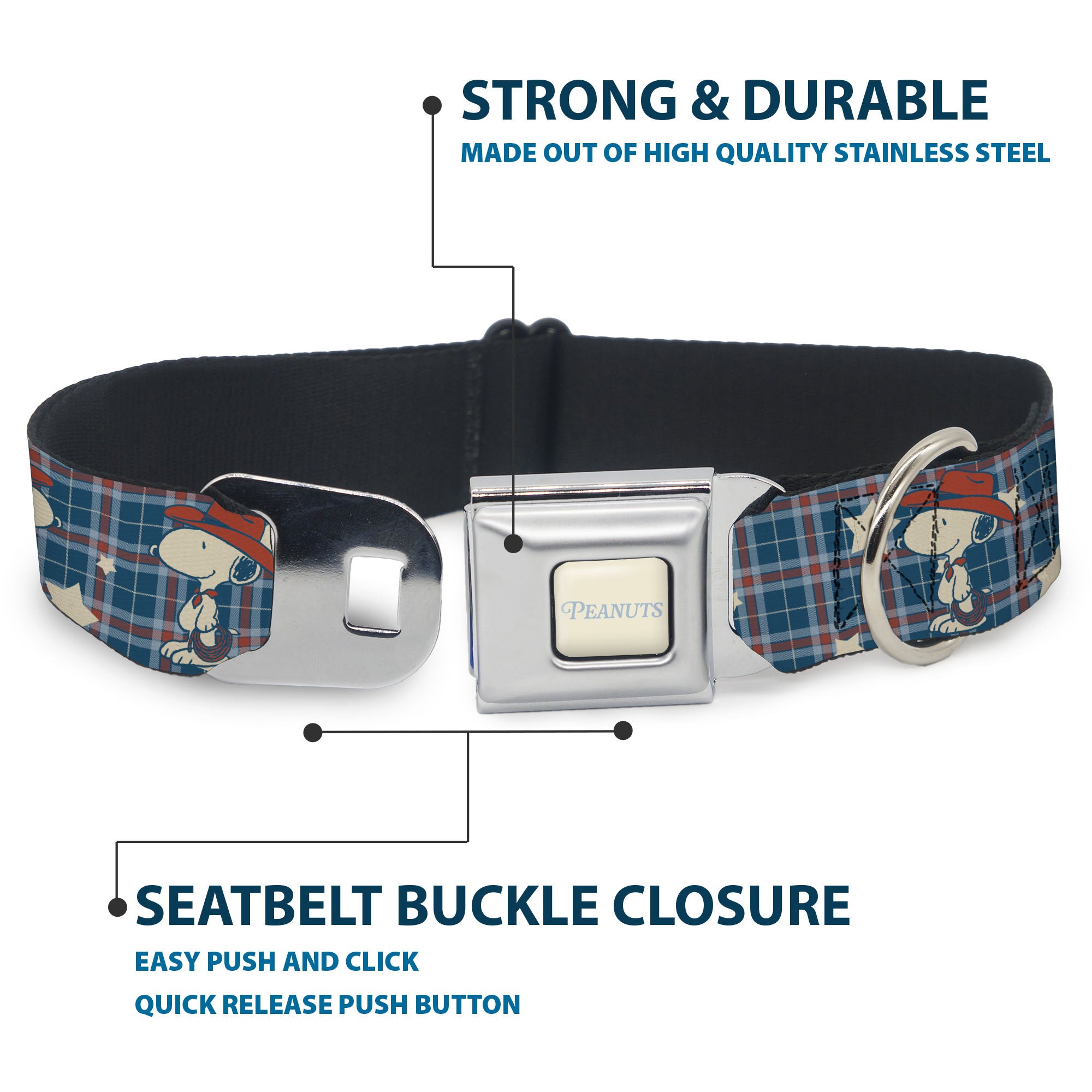 PEANUTS Title Logo Full Color Cream/Light Blue Seatbelt Buckle Collar - Peanuts Cowboy Snoopy Americana Plaid Blues/White/Reds Seatbelt Buckle Collars Peanuts