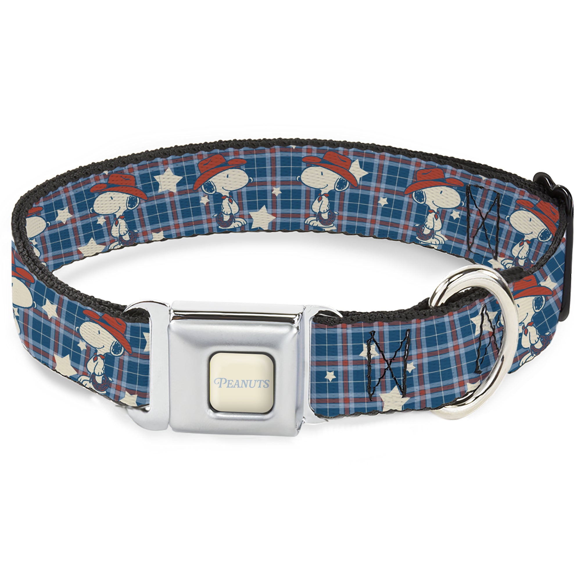 PEANUTS Title Logo Full Color Cream/Light Blue Seatbelt Buckle Collar - Peanuts Cowboy Snoopy Americana Plaid Blues/White/Reds Seatbelt Buckle Collars Peanuts