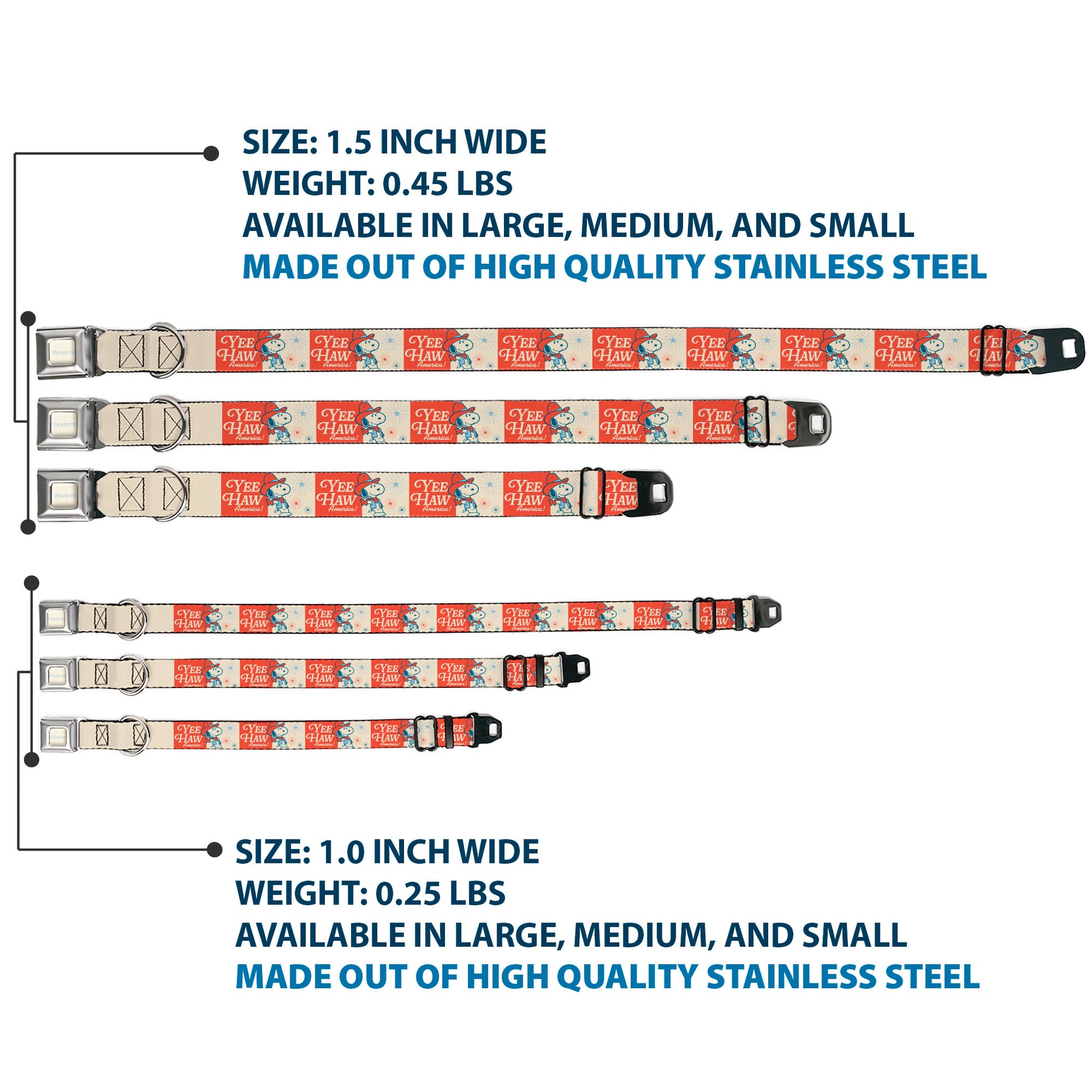 PEANTUTS Text Full Color Ivory/Light Blue Seatbelt Buckle Collar - Peanuts Snoopy YEE HAW AMERICA Pose and Icons Ivory/Blues/Red Seatbelt Buckle Collars Peanuts