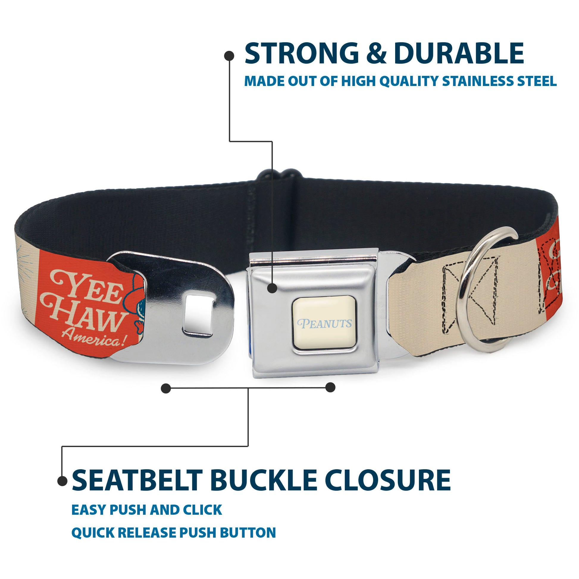 PEANTUTS Text Full Color Ivory/Light Blue Seatbelt Buckle Collar - Peanuts Snoopy YEE HAW AMERICA Pose and Icons Ivory/Blues/Red Seatbelt Buckle Collars Peanuts