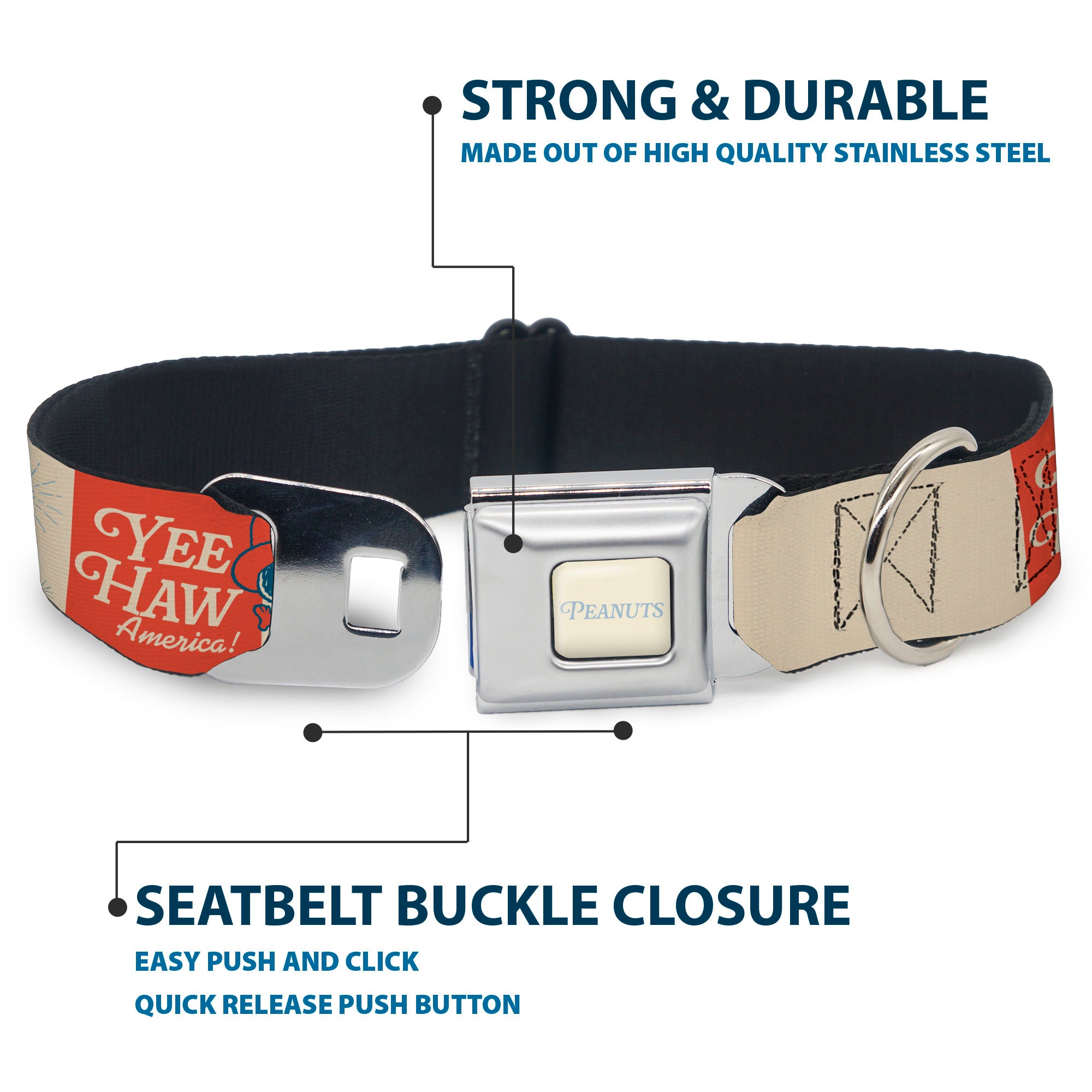 PEANTUTS Text Full Color Ivory/Light Blue Seatbelt Buckle Collar - Peanuts Snoopy YEE HAW AMERICA Pose and Icons Ivory/Blues/Red Seatbelt Buckle Collars Peanuts