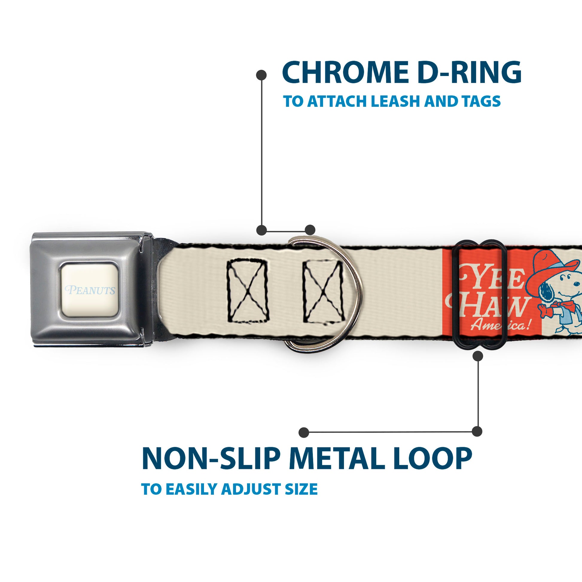 PEANTUTS Text Full Color Ivory/Light Blue Seatbelt Buckle Collar - Peanuts Snoopy YEE HAW AMERICA Pose and Icons Ivory/Blues/Red Seatbelt Buckle Collars Peanuts