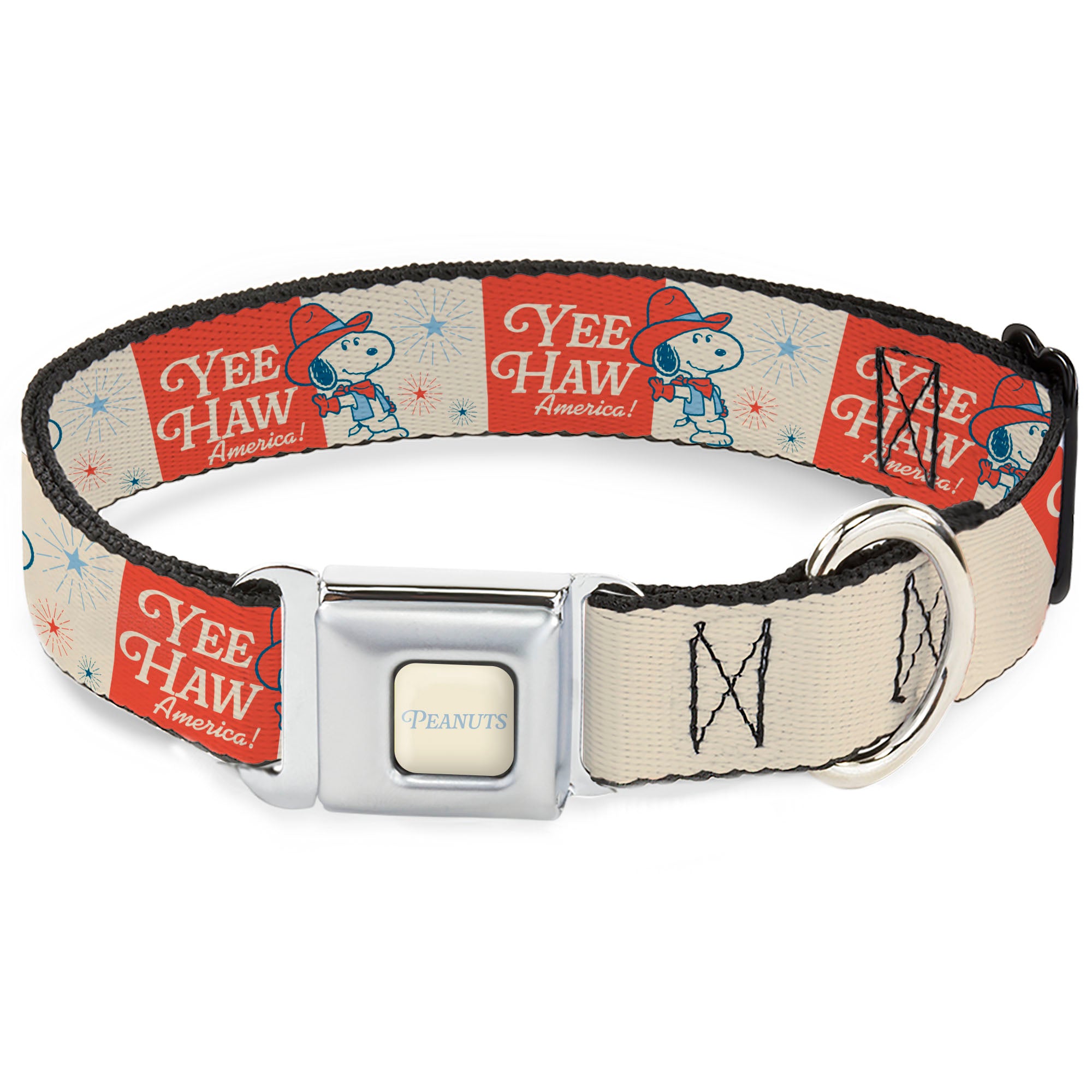 PEANTUTS Text Full Color Ivory/Light Blue Seatbelt Buckle Collar - Peanuts Snoopy YEE HAW AMERICA Pose and Icons Ivory/Blues/Red Seatbelt Buckle Collars Peanuts