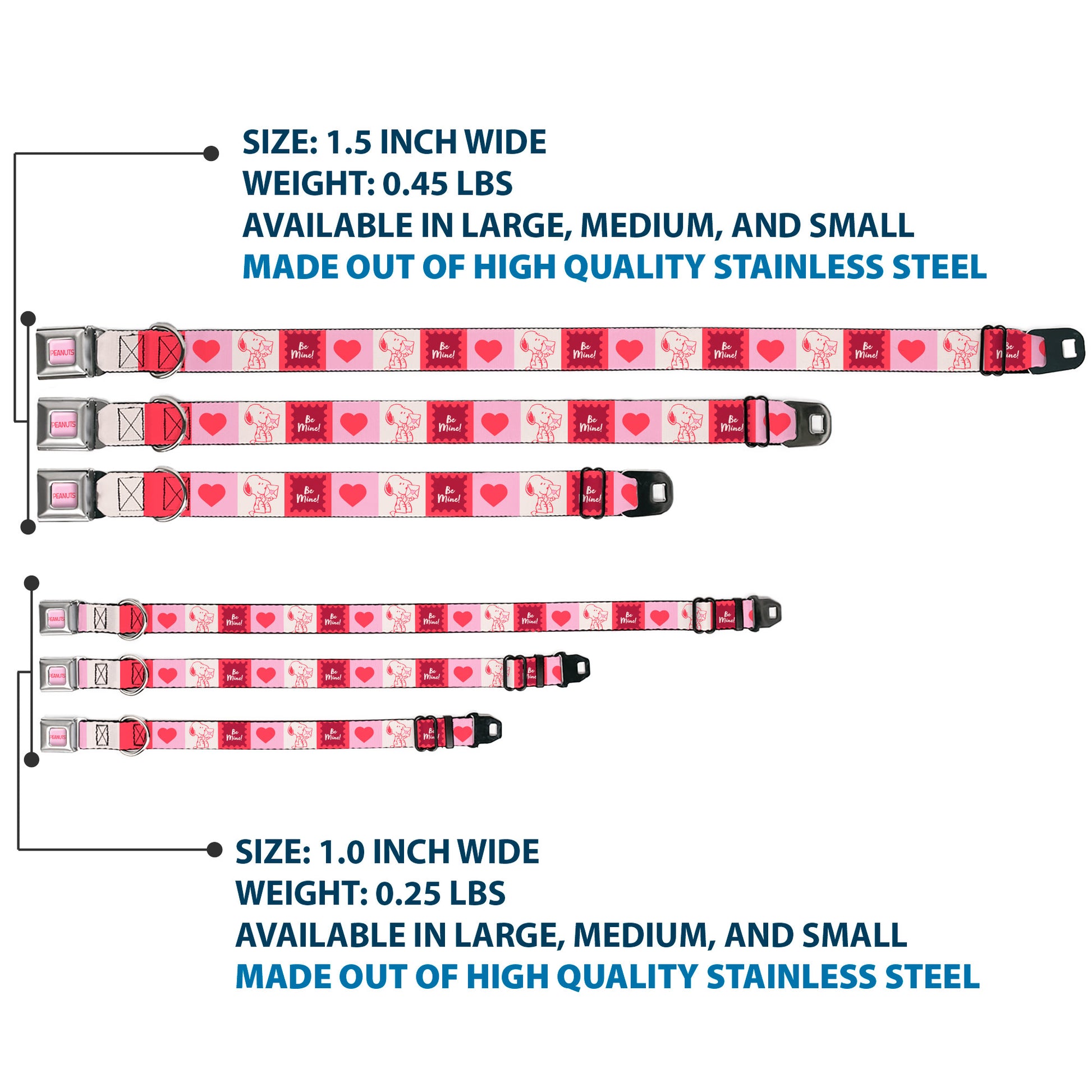 PEANUTS Title Logo Full Color Light Pink/Red Seatbelt Buckle Collar - Peanuts Snoopy BE MINE Valentine Pose and Icons Blocks White/Reds/Pinks Seatbelt Buckle Collars Peanuts