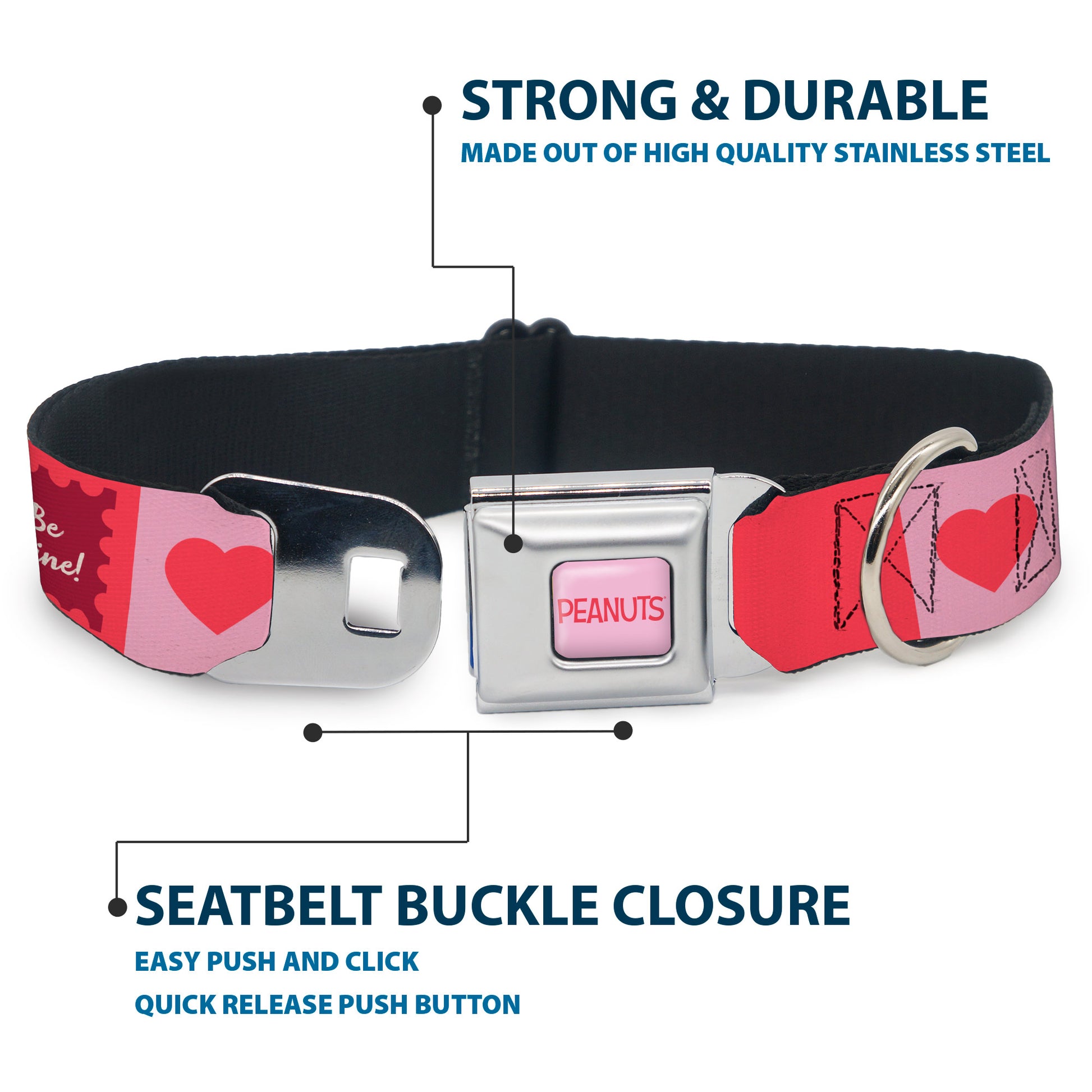 PEANUTS Title Logo Full Color Light Pink/Red Seatbelt Buckle Collar - Peanuts Snoopy BE MINE Valentine Pose and Icons Blocks White/Reds/Pinks Seatbelt Buckle Collars Peanuts
