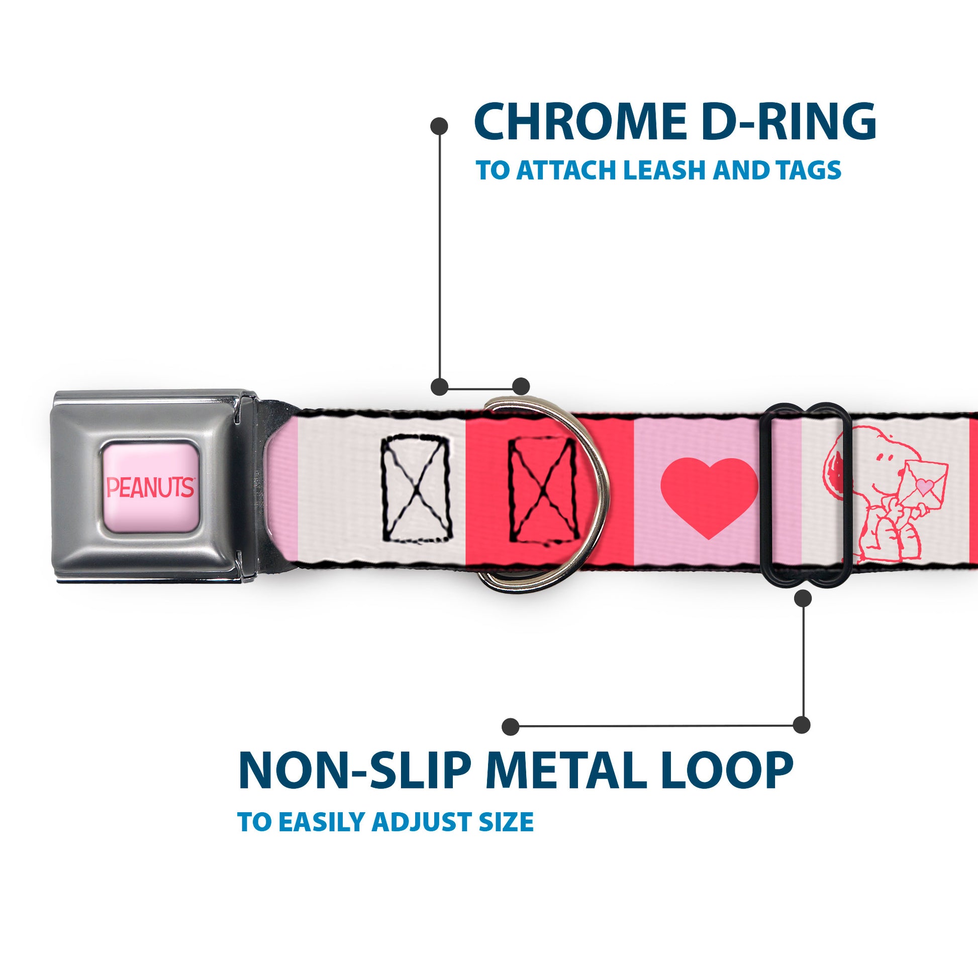 PEANUTS Title Logo Full Color Light Pink/Red Seatbelt Buckle Collar - Peanuts Snoopy BE MINE Valentine Pose and Icons Blocks White/Reds/Pinks Seatbelt Buckle Collars Peanuts