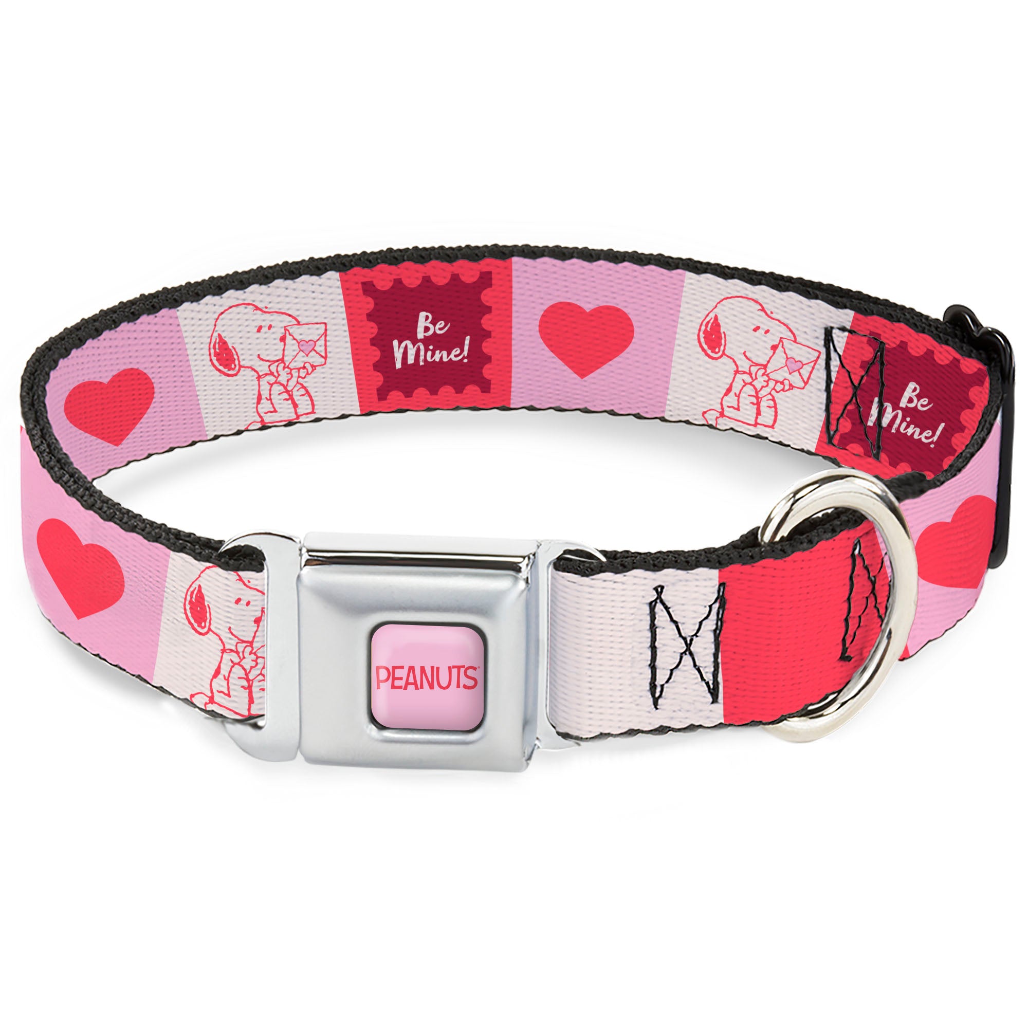 PEANUTS Title Logo Full Color Light Pink/Red Seatbelt Buckle Collar - Peanuts Snoopy BE MINE Valentine Pose and Icons Blocks White/Reds/Pinks Seatbelt Buckle Collars Peanuts