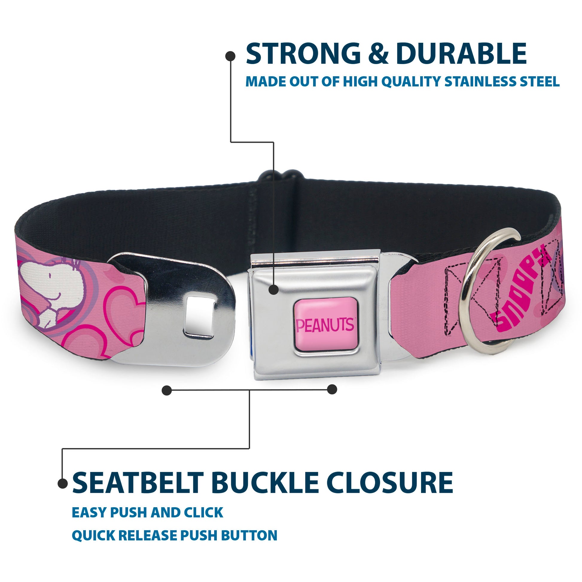 PEANUTS Title Logo Full Color Pink/Red Seatbelt Buckle Collar - Peanuts Snoopy Valentine Hearts Pose and Text Pinks/Lavenders Seatbelt Buckle Collars Peanuts