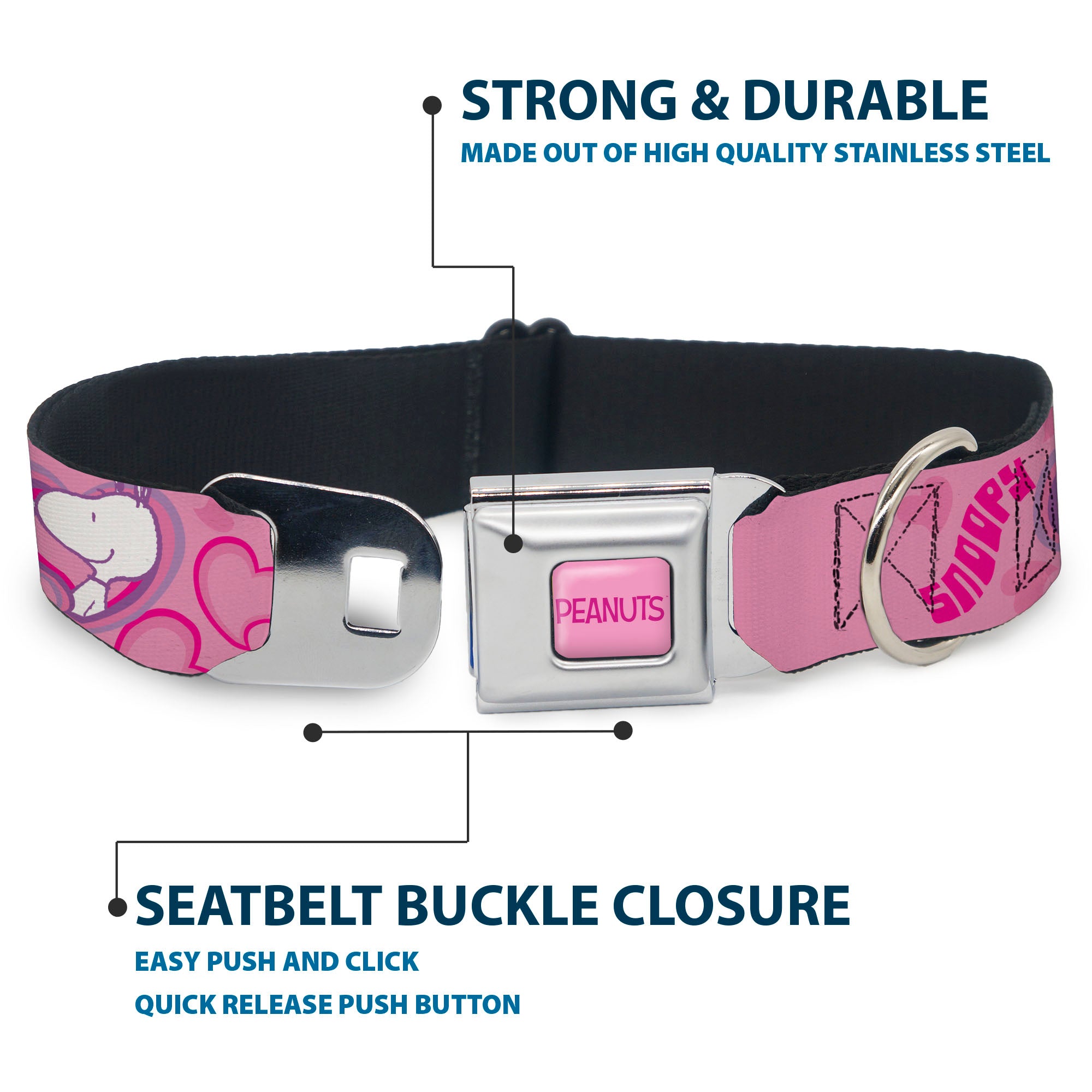 PEANUTS Title Logo Full Color Pink/Red Seatbelt Buckle Collar - Peanuts Snoopy Valentine Hearts Pose and Text Pinks/Lavenders Seatbelt Buckle Collars Peanuts