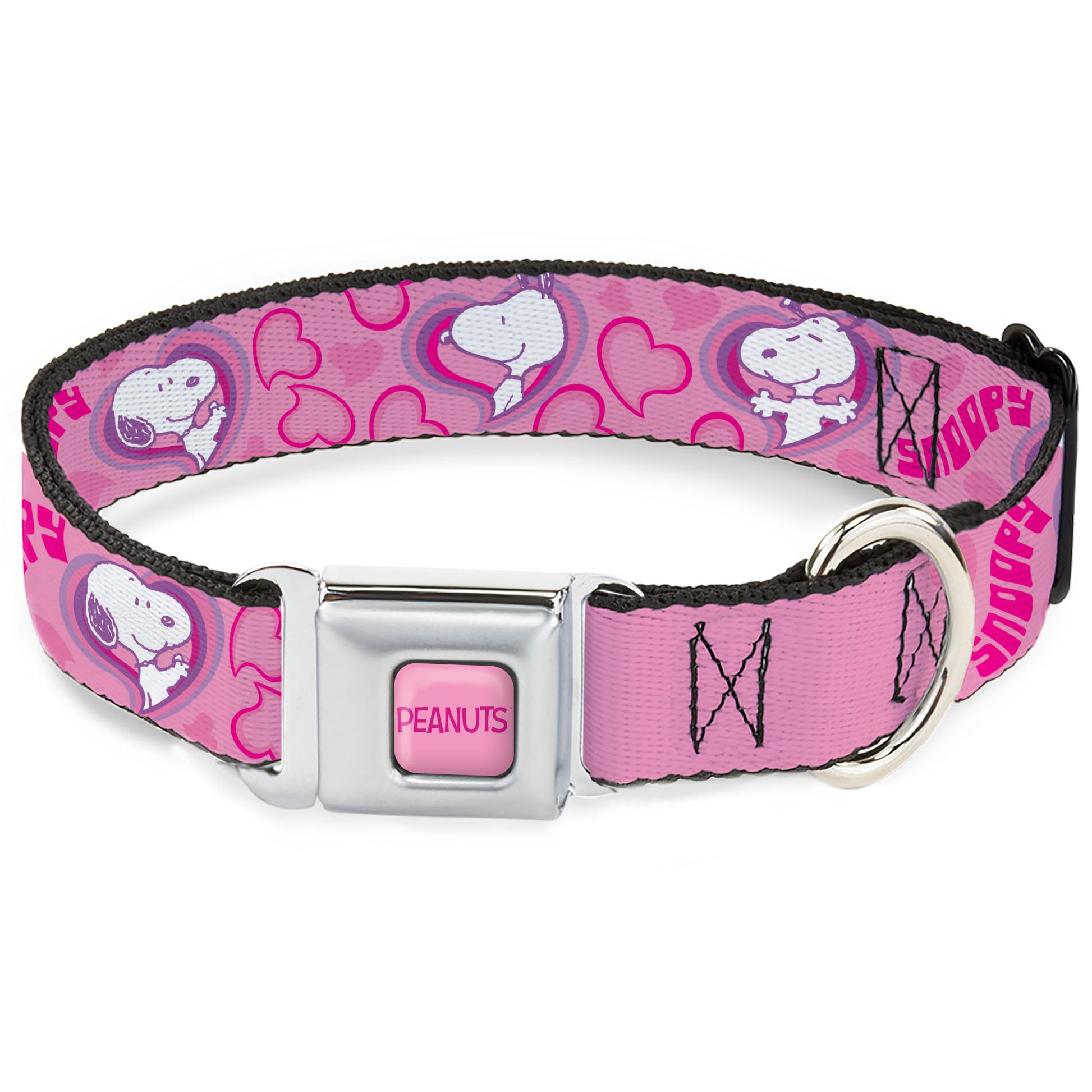 PEANUTS Title Logo Full Color Pink/Red Seatbelt Buckle Collar - Peanuts Snoopy Valentine Hearts Pose and Text Pinks/Lavenders Seatbelt Buckle Collars Peanuts