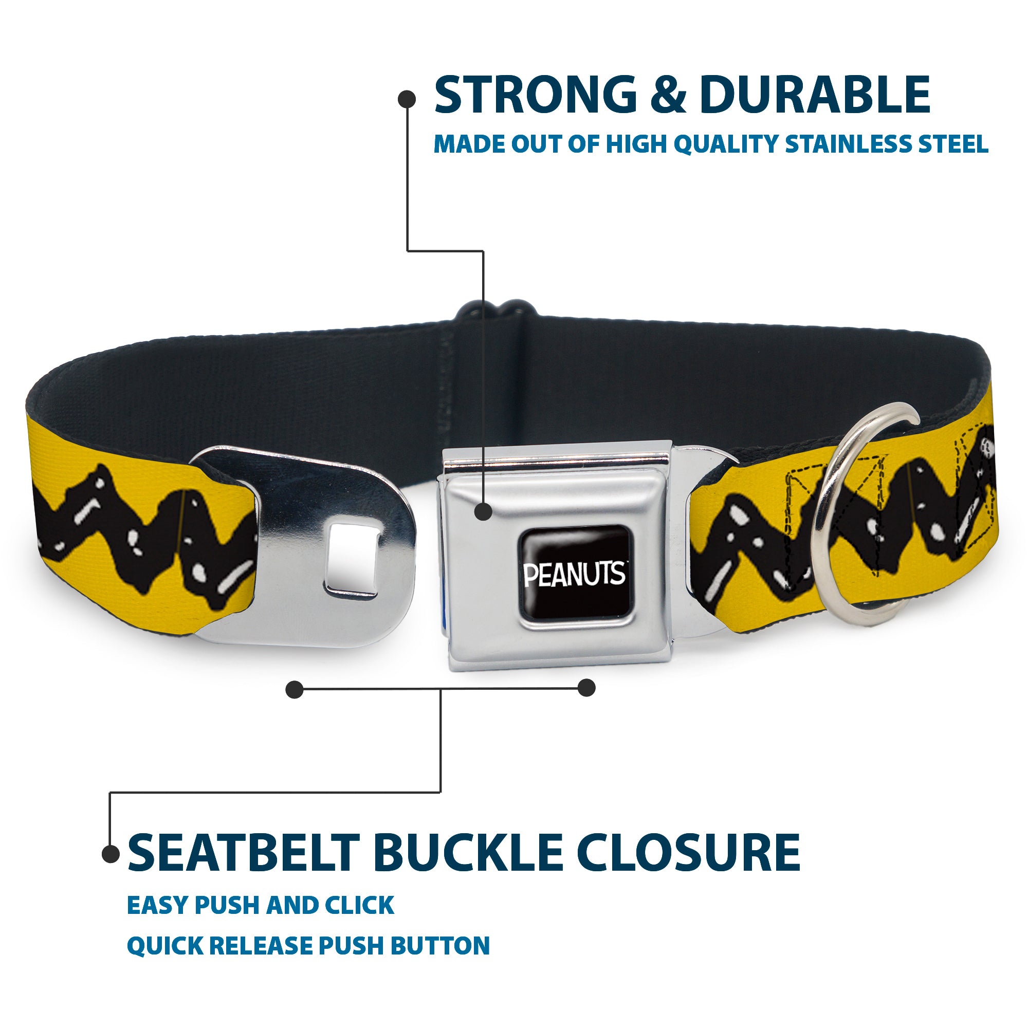 PEANUTS Title Logo Full Color Black/White Seatbelt Buckle Collar - Peanuts Charlie Brown Zig Zag Stripe Yellow/Black Seatbelt Buckle Collars Peanuts