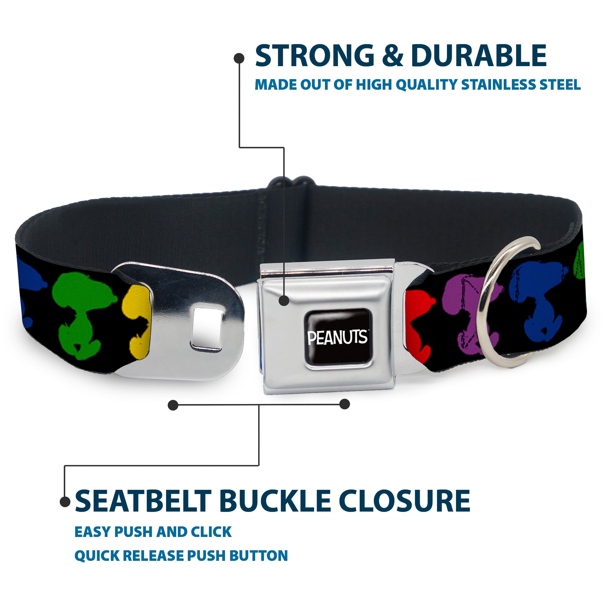 PEANUTS Title Logo Full Color Black/White Seatbelt Buckle Collar - Peanuts Snoopy Silhoutte Pose Black/Rainbow Multi Color Seatbelt Buckle Collars Peanuts