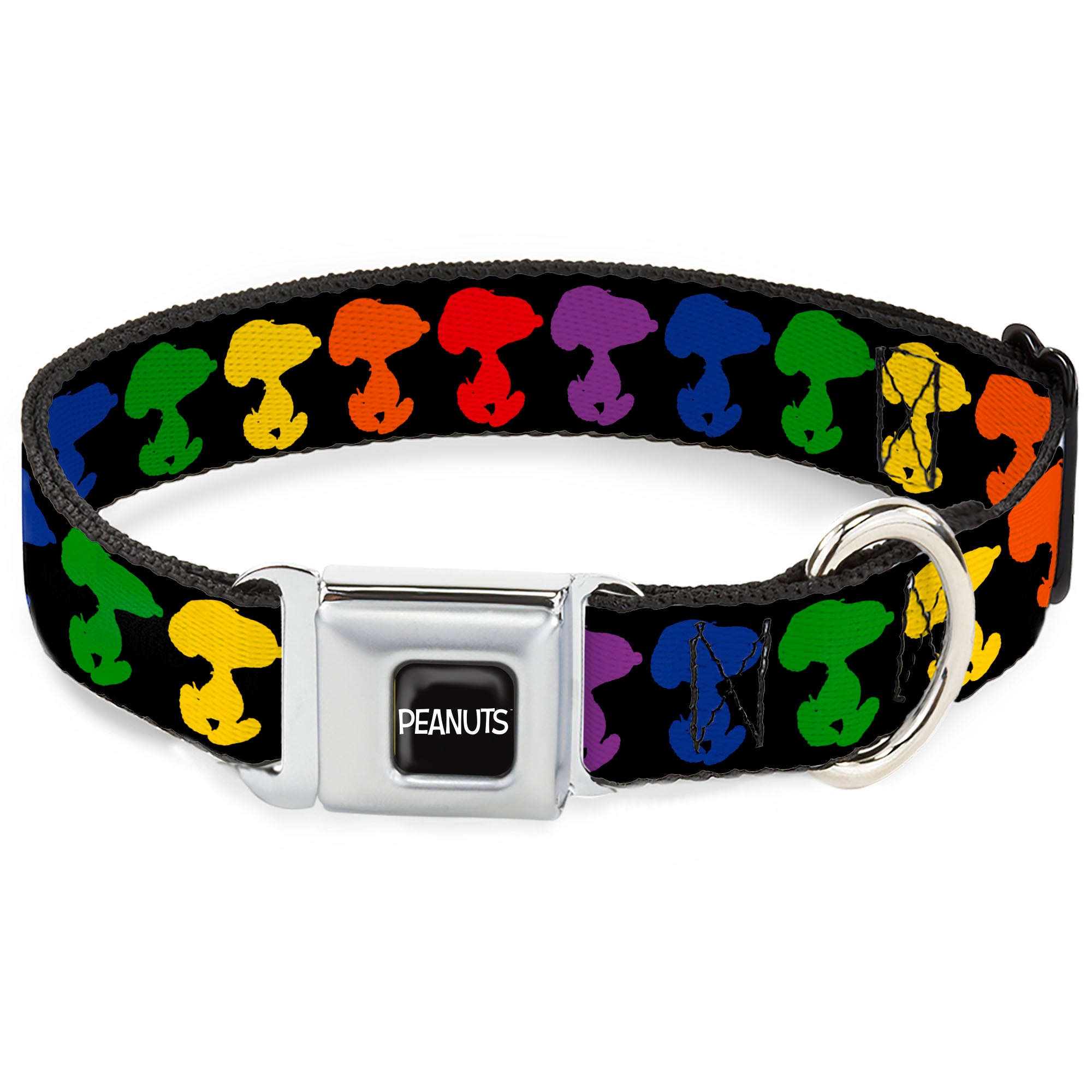 PEANUTS Title Logo Full Color Black/White Seatbelt Buckle Collar - Peanuts Snoopy Silhoutte Pose Black/Rainbow Multi Color Seatbelt Buckle Collars Peanuts