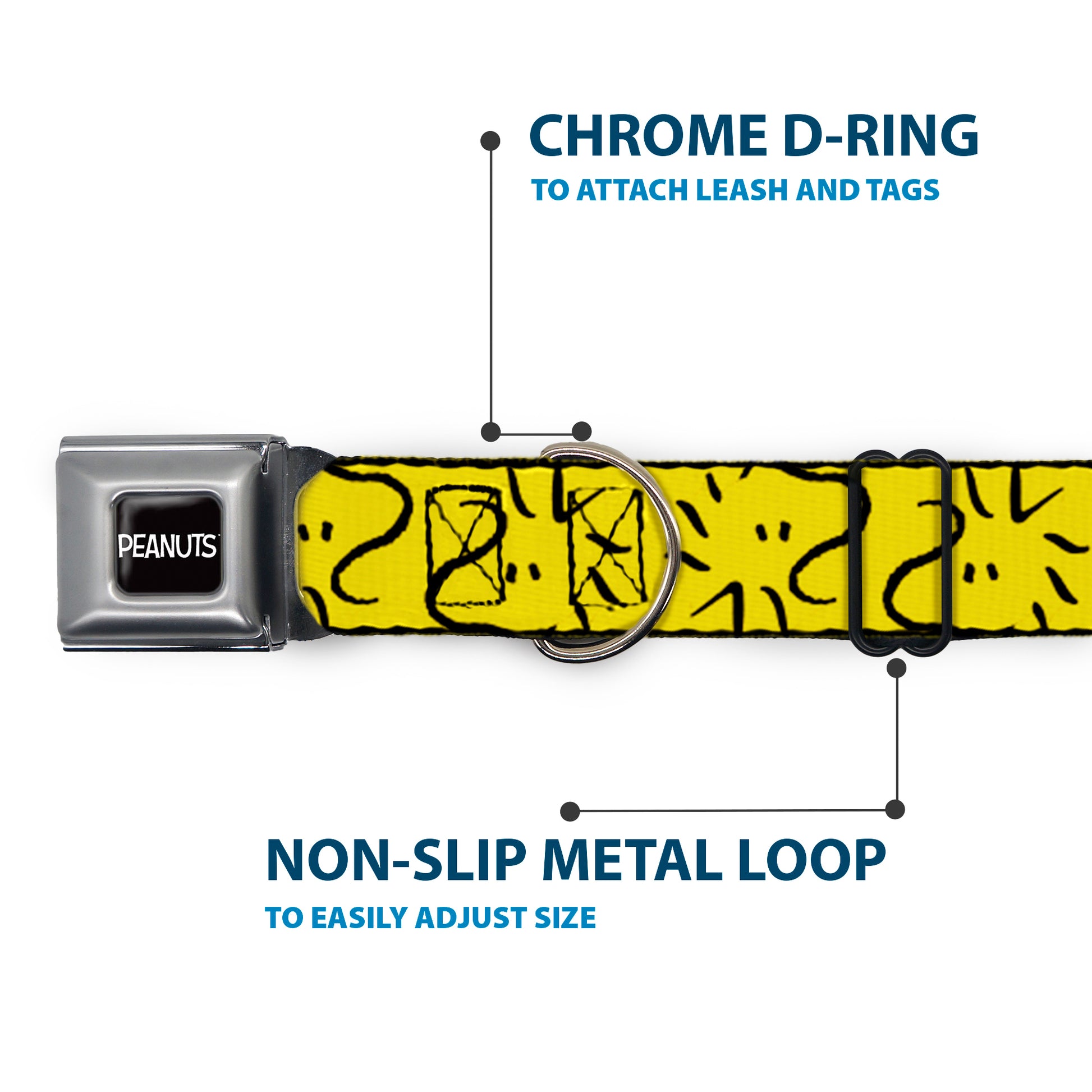 PEANUTS Title Logo Full Color Black/White Seatbelt Buckle Collar - Peanuts Woodstock Line Face Line Art Yellow/Black Seatbelt Buckle Collars Peanuts