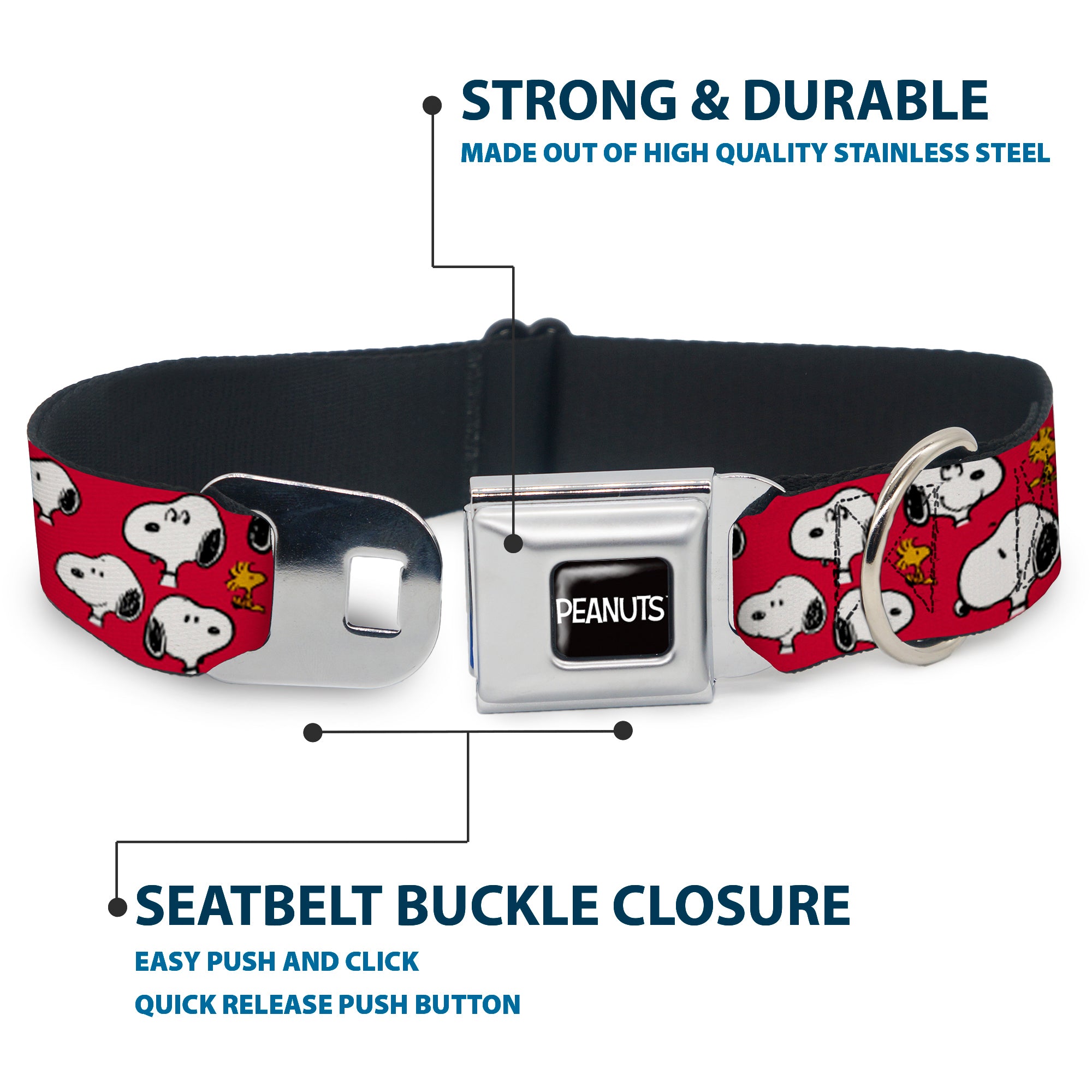 PEANUTS Title Logo Full Color Black/White Seatbelt Buckle Collar - Peanuts Snoopy and Woodstock Poses Scattered Red Seatbelt Buckle Collars Peanuts