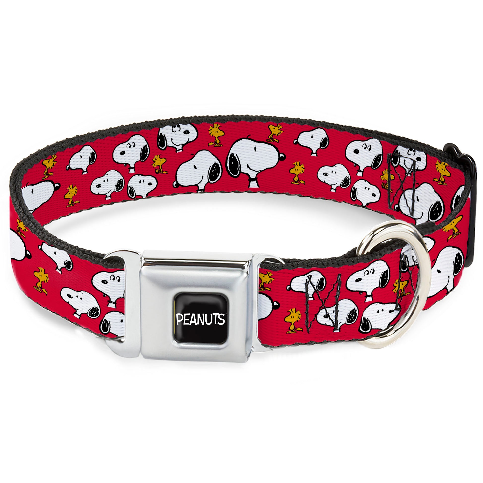 PEANUTS Title Logo Full Color Black/White Seatbelt Buckle Collar - Peanuts Snoopy and Woodstock Poses Scattered Red Seatbelt Buckle Collars Peanuts