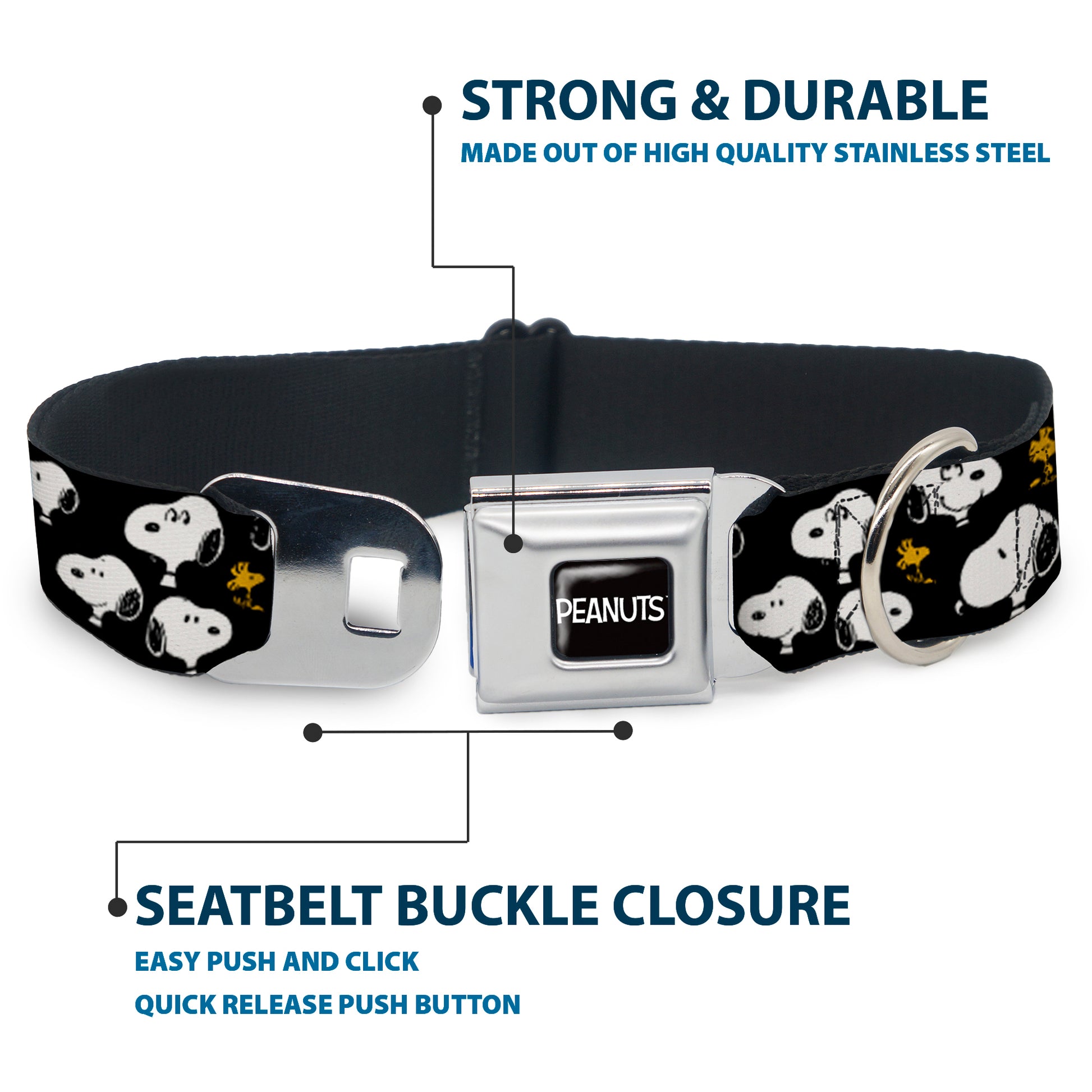 PEANUTS Title Logo Full Color Black/White Seatbelt Buckle Collar - Peanuts Snoopy and Woodstock Poses Scattered Black Seatbelt Buckle Collars Peanuts