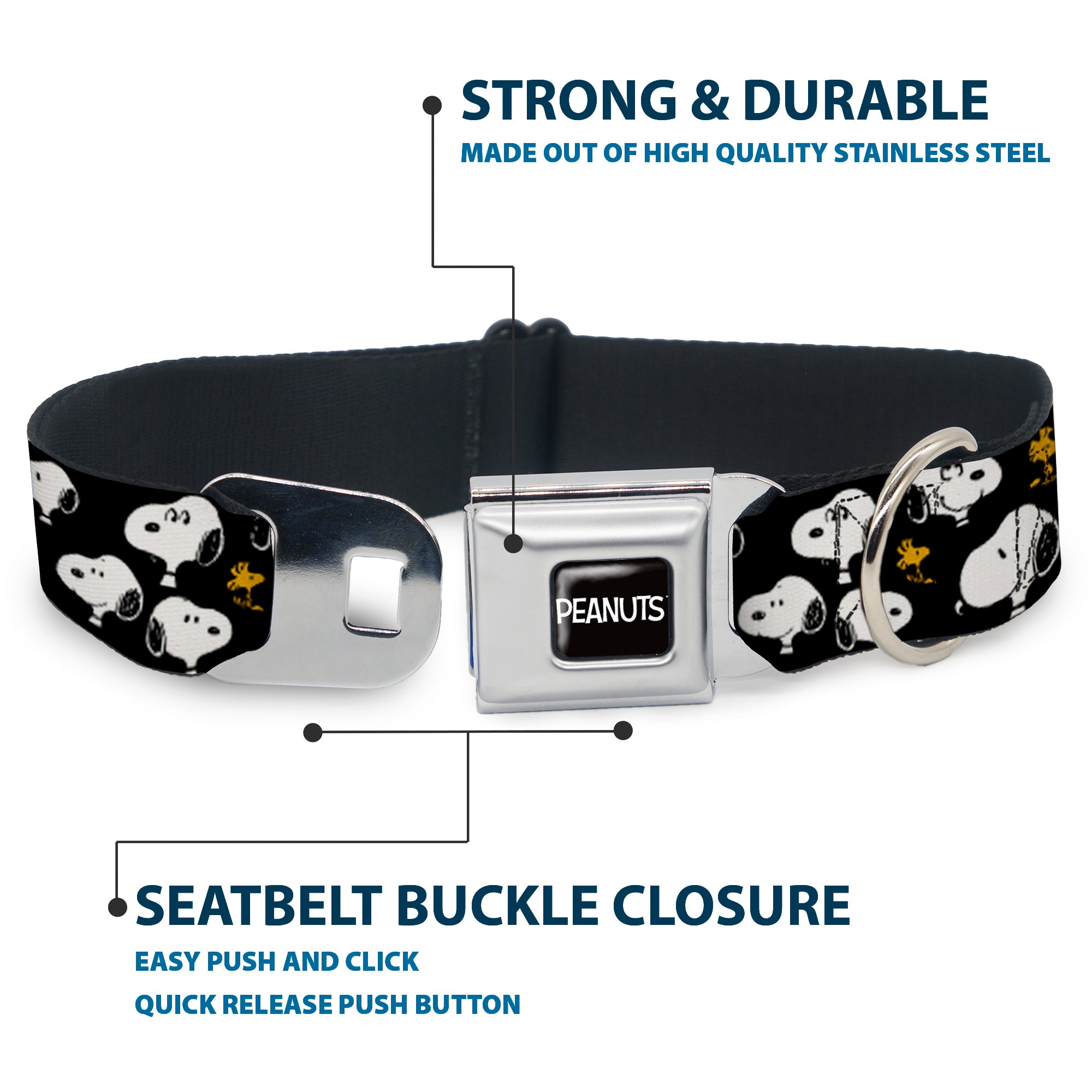 PEANUTS Title Logo Full Color Black/White Seatbelt Buckle Collar - Peanuts Snoopy and Woodstock Poses Scattered Black Seatbelt Buckle Collars Peanuts