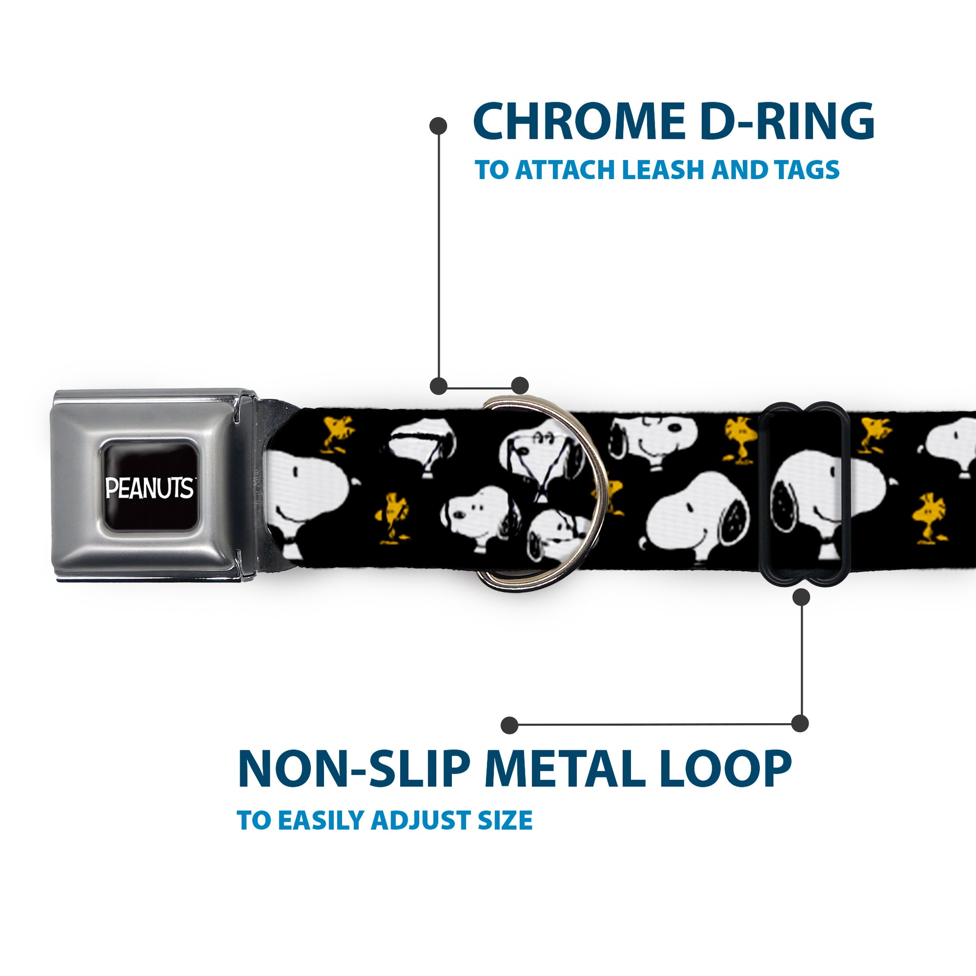 PEANUTS Title Logo Full Color Black/White Seatbelt Buckle Collar - Peanuts Snoopy and Woodstock Poses Scattered Black Seatbelt Buckle Collars Peanuts