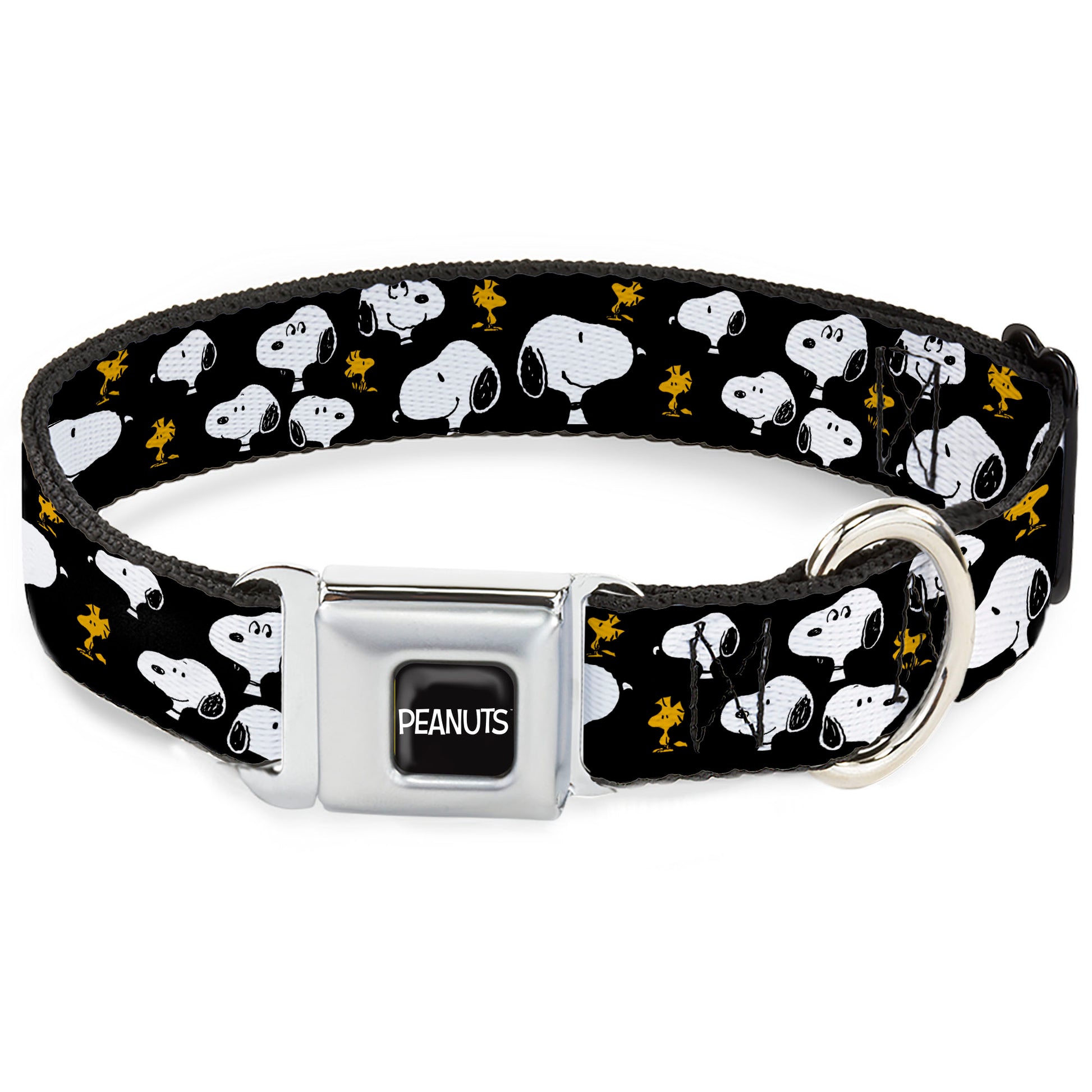 PEANUTS Title Logo Full Color Black/White Seatbelt Buckle Collar - Peanuts Snoopy and Woodstock Poses Scattered Black Seatbelt Buckle Collars Peanuts