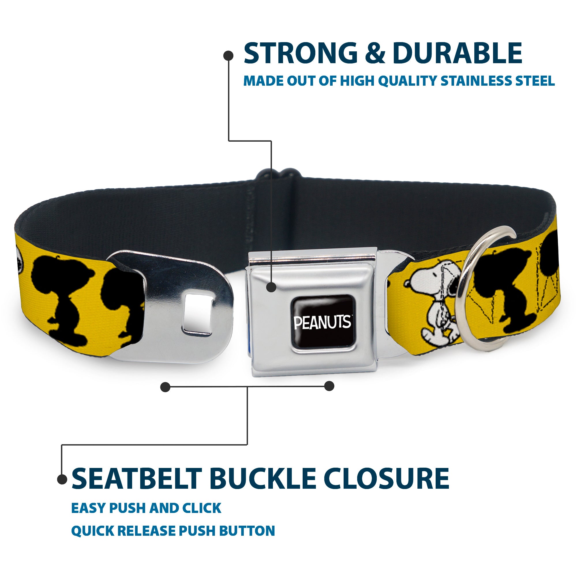 PEANUTS Title Logo Full Color Black/White Seatbelt Buckle Collar - Peanuts Snoopy Walking/Silhouette Pose Yellow/Black/White Seatbelt Buckle Collars Peanuts