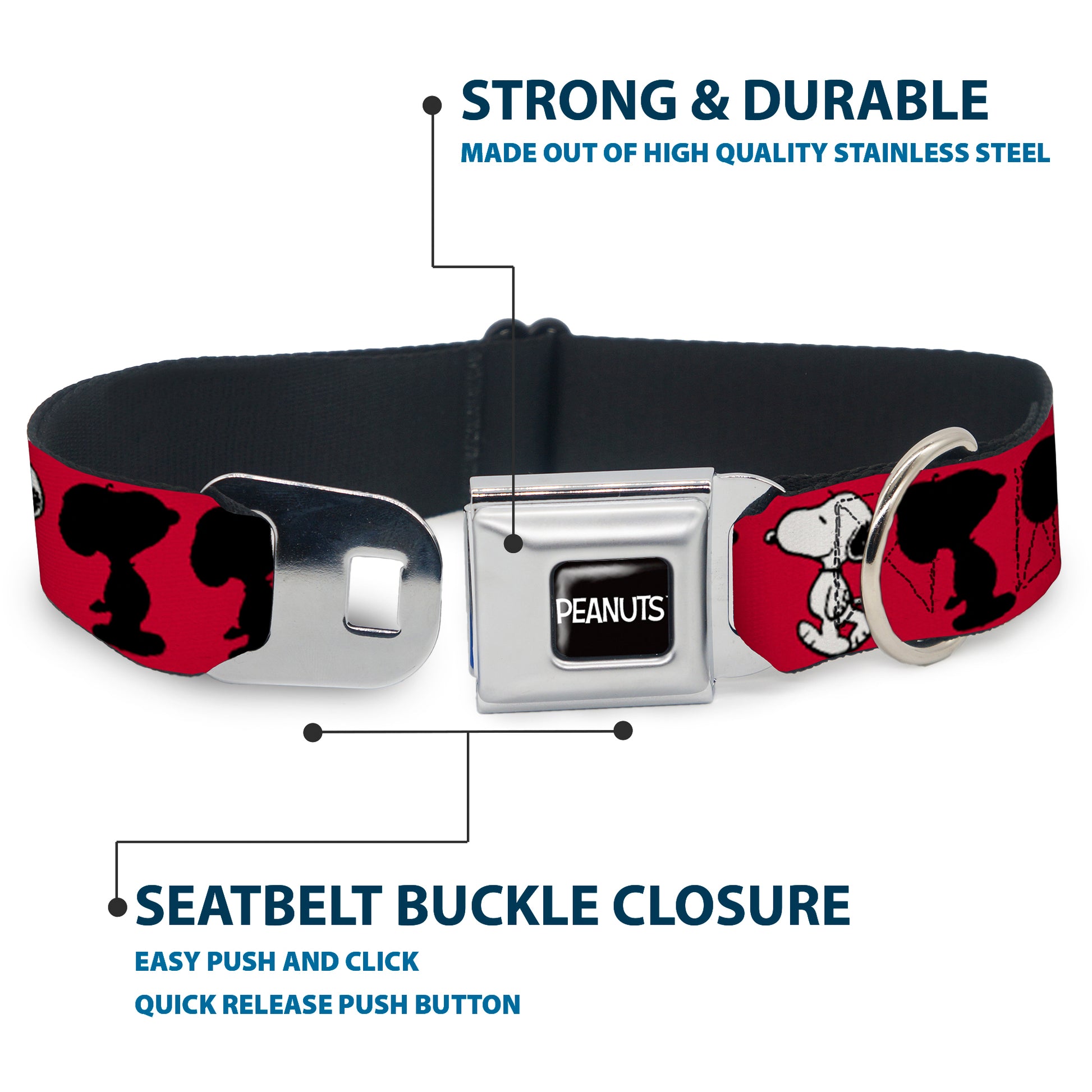 PEANUTS Title Logo Full Color Black/White Seatbelt Buckle Collar - Peanuts Snoopy Walking/Silhouette Pose Red/Black/White Seatbelt Buckle Collars Peanuts