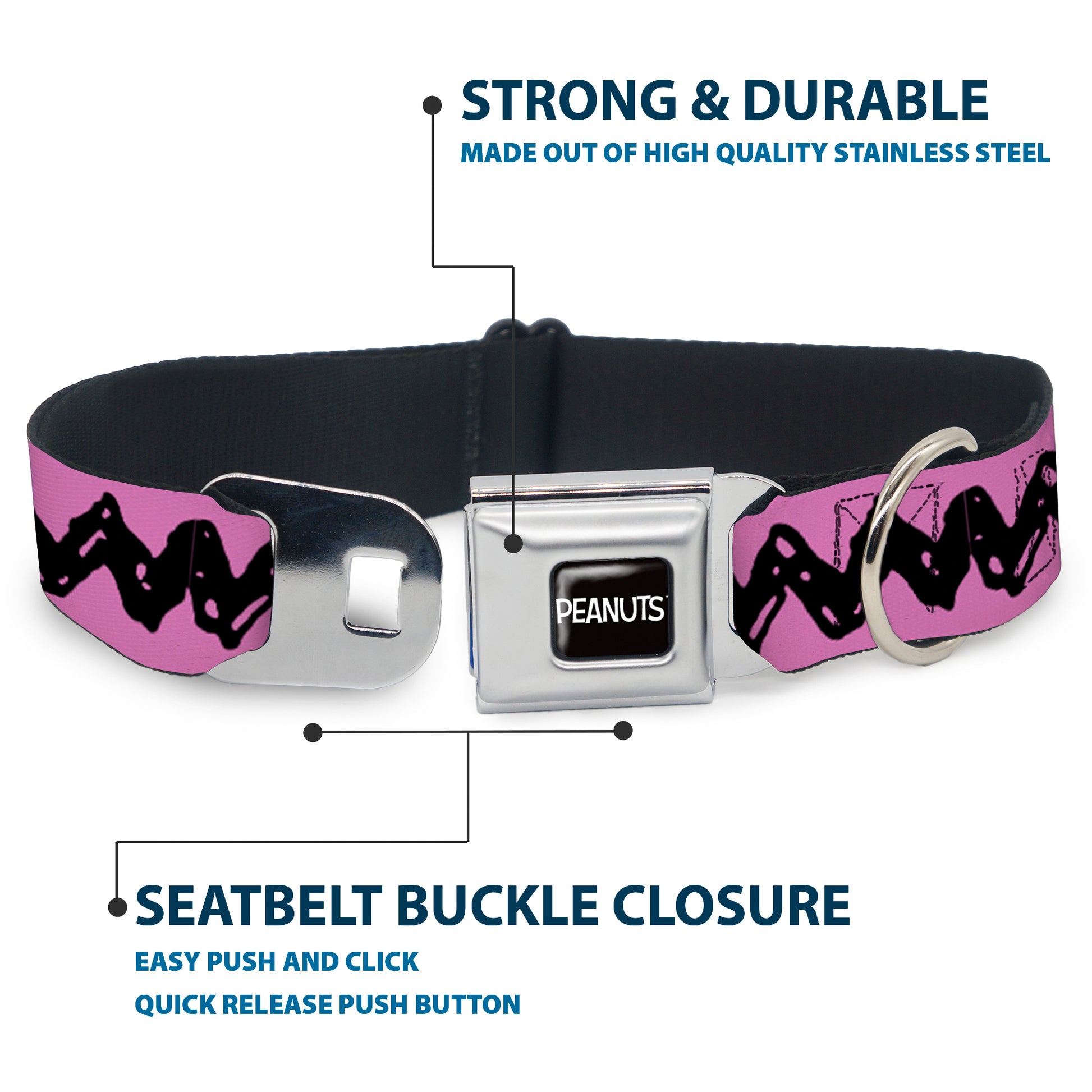 PEANUTS Title Logo Full Color Black/White Seatbelt Buckle Collar - Peanuts Charlie Brown Zig Zag Stripe Pink/Black Seatbelt Buckle Collars Peanuts