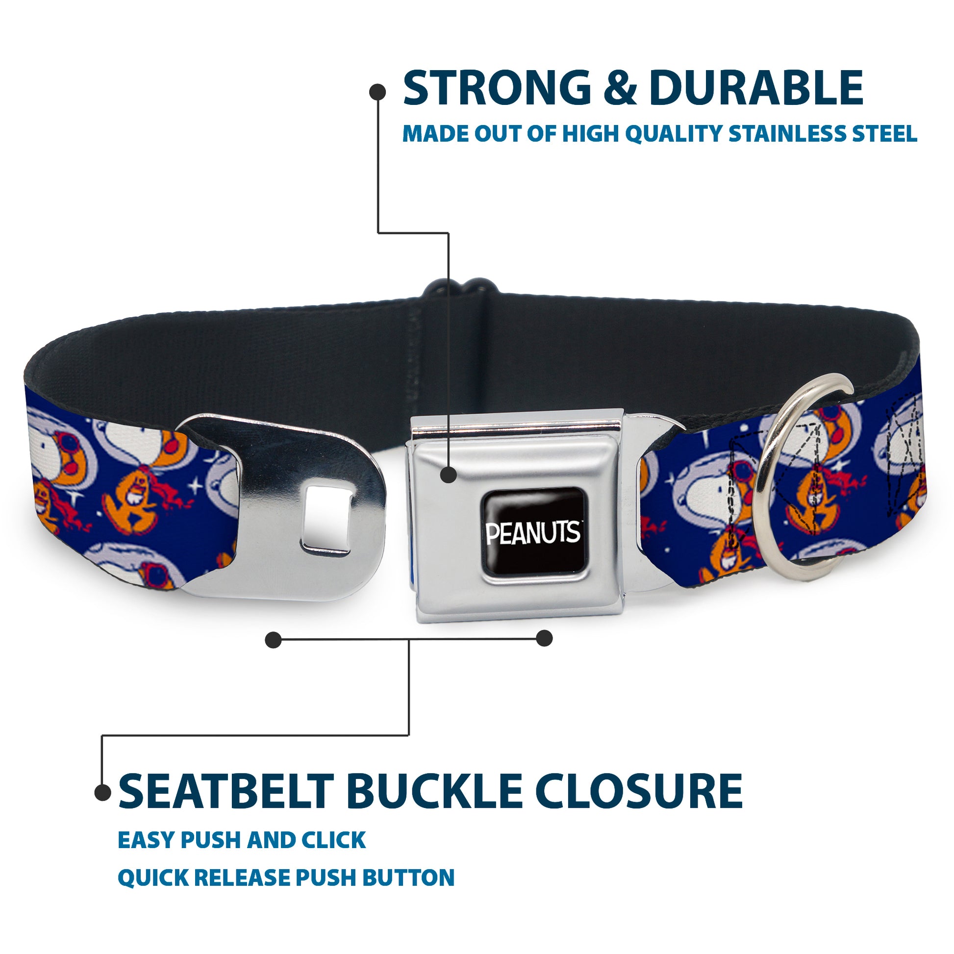 PEANUTS Title Logo Full Color Black/White Seatbelt Buckle Collar - Peanuts Astronaut Snoopy Walking Pose Scattered Blue/Orange Seatbelt Buckle Collars Peanuts