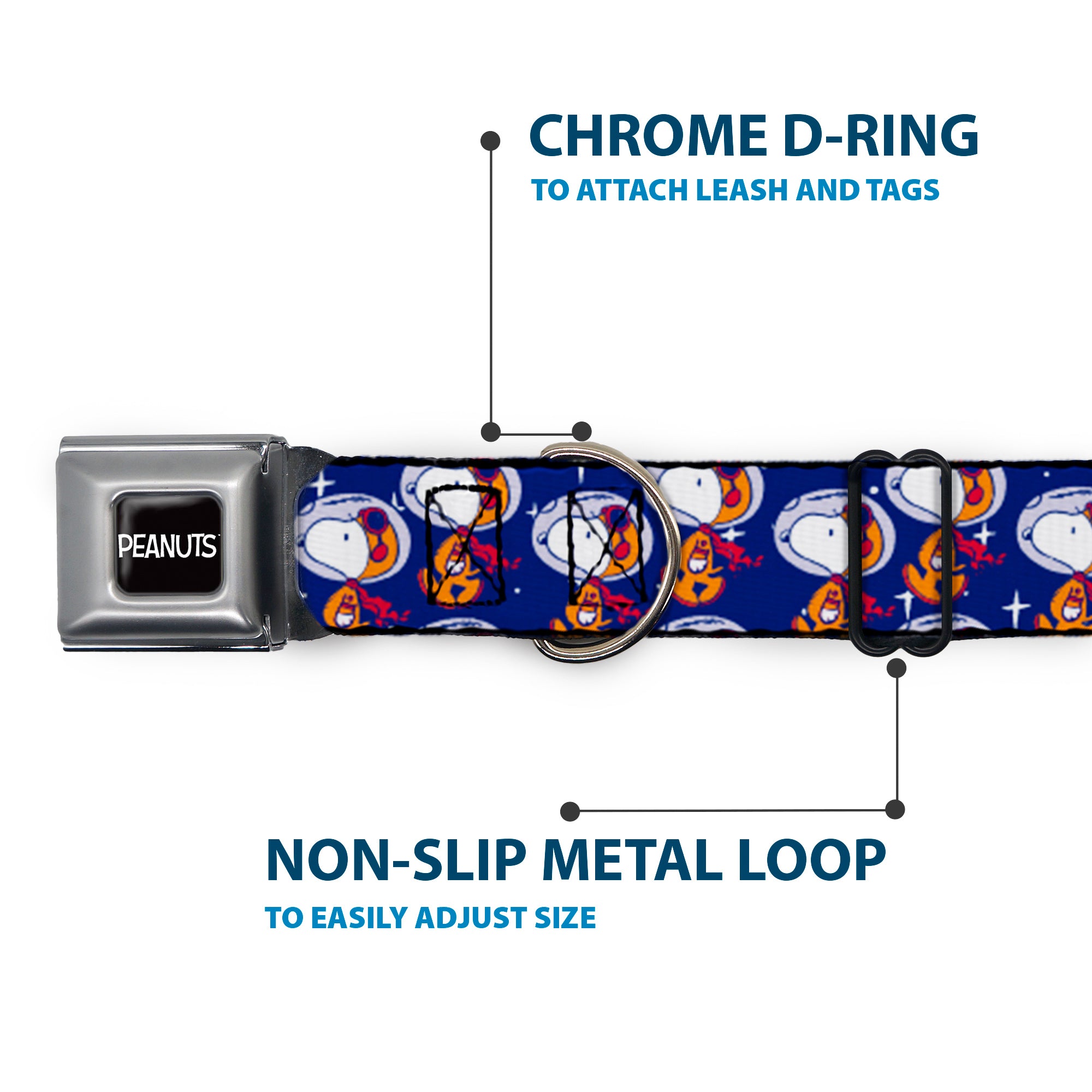 PEANUTS Title Logo Full Color Black/White Seatbelt Buckle Collar - Peanuts Astronaut Snoopy Walking Pose Scattered Blue/Orange Seatbelt Buckle Collars Peanuts