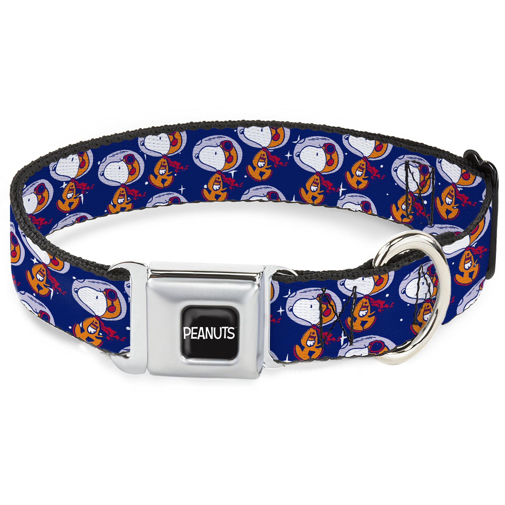 PEANUTS Title Logo Full Color Black/White Seatbelt Buckle Collar - Peanuts Astronaut Snoopy Walking Pose Scattered Blue/Orange Seatbelt Buckle Collars Peanuts