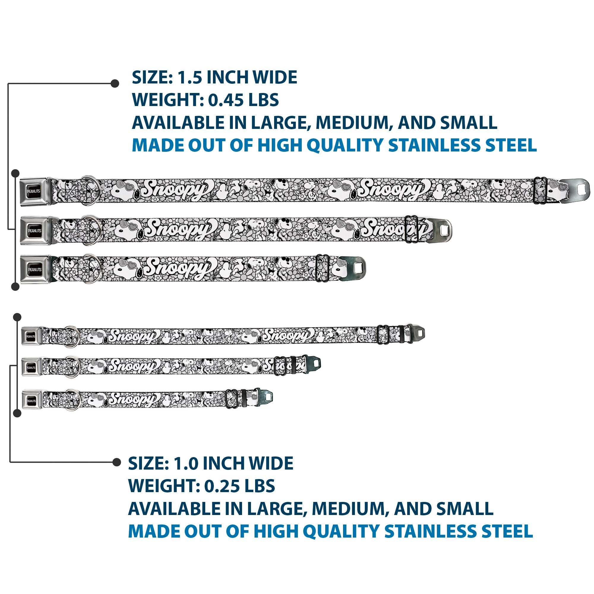 PEANUTS Title Logo Full Color Black/White Seatbelt Buckle Collar - SNOOPY Poses and Daisy Flowers Collage Black/Grays/White Seatbelt Buckle Collars Peanuts