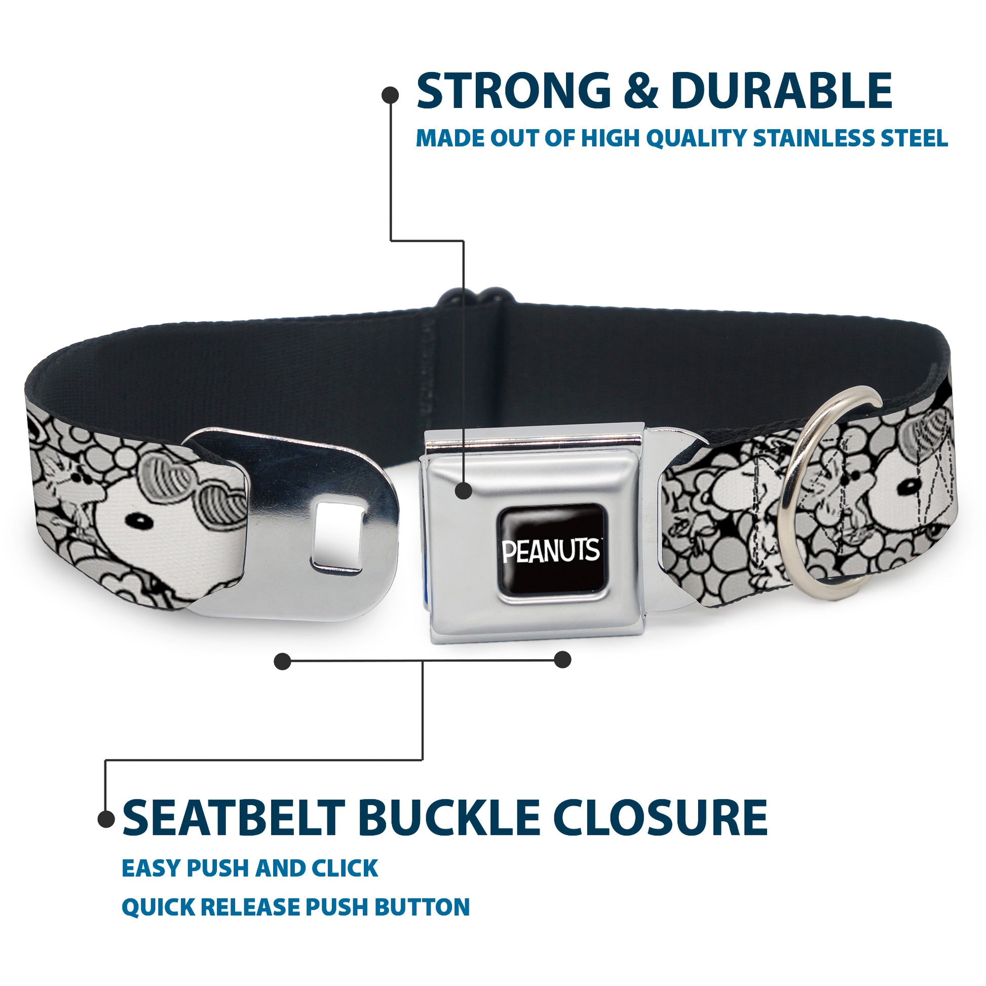 PEANUTS Title Logo Full Color Black/White Seatbelt Buckle Collar - SNOOPY Poses and Daisy Flowers Collage Black/Grays/White Seatbelt Buckle Collars Peanuts