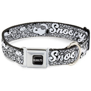 PEANUTS Title Logo Full Color Black/White Seatbelt Buckle Collar - SNOOPY Poses and Daisy Flowers Collage Black/Grays/White Seatbelt Buckle Collars Peanuts