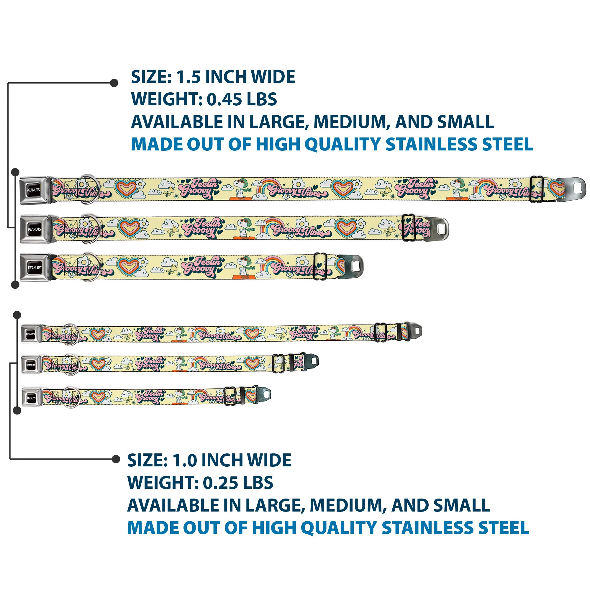 PEANUTS Title Logo Full Color Black/White Seatbelt Buckle Collar - Peanuts Snoopy Flying Ace and Woodstock GROOVY Quotes Collage Yellow Seatbelt Buckle Collars Peanuts
