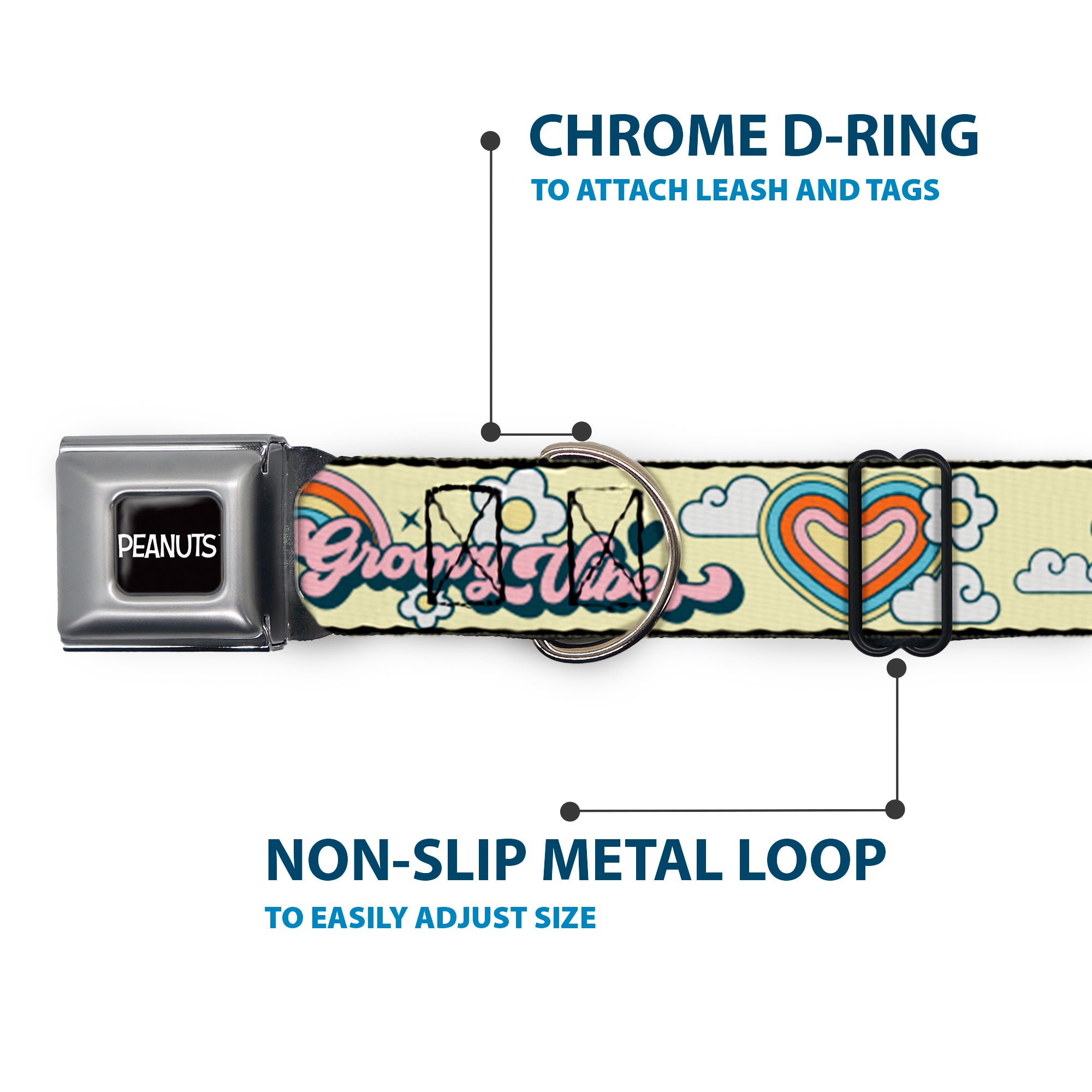 PEANUTS Title Logo Full Color Black/White Seatbelt Buckle Collar - Peanuts Snoopy Flying Ace and Woodstock GROOVY Quotes Collage Yellow Seatbelt Buckle Collars Peanuts