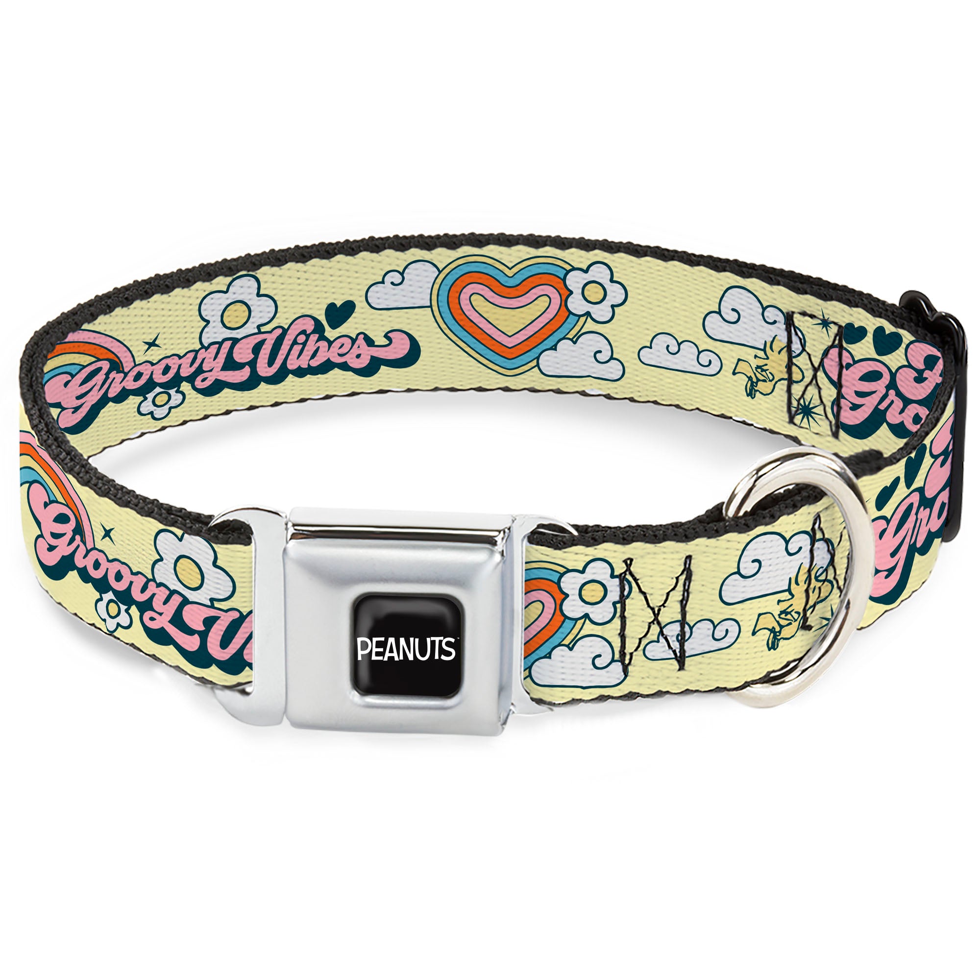 PEANUTS Title Logo Full Color Black/White Seatbelt Buckle Collar - Peanuts Snoopy Flying Ace and Woodstock GROOVY Quotes Collage Yellow Seatbelt Buckle Collars Peanuts