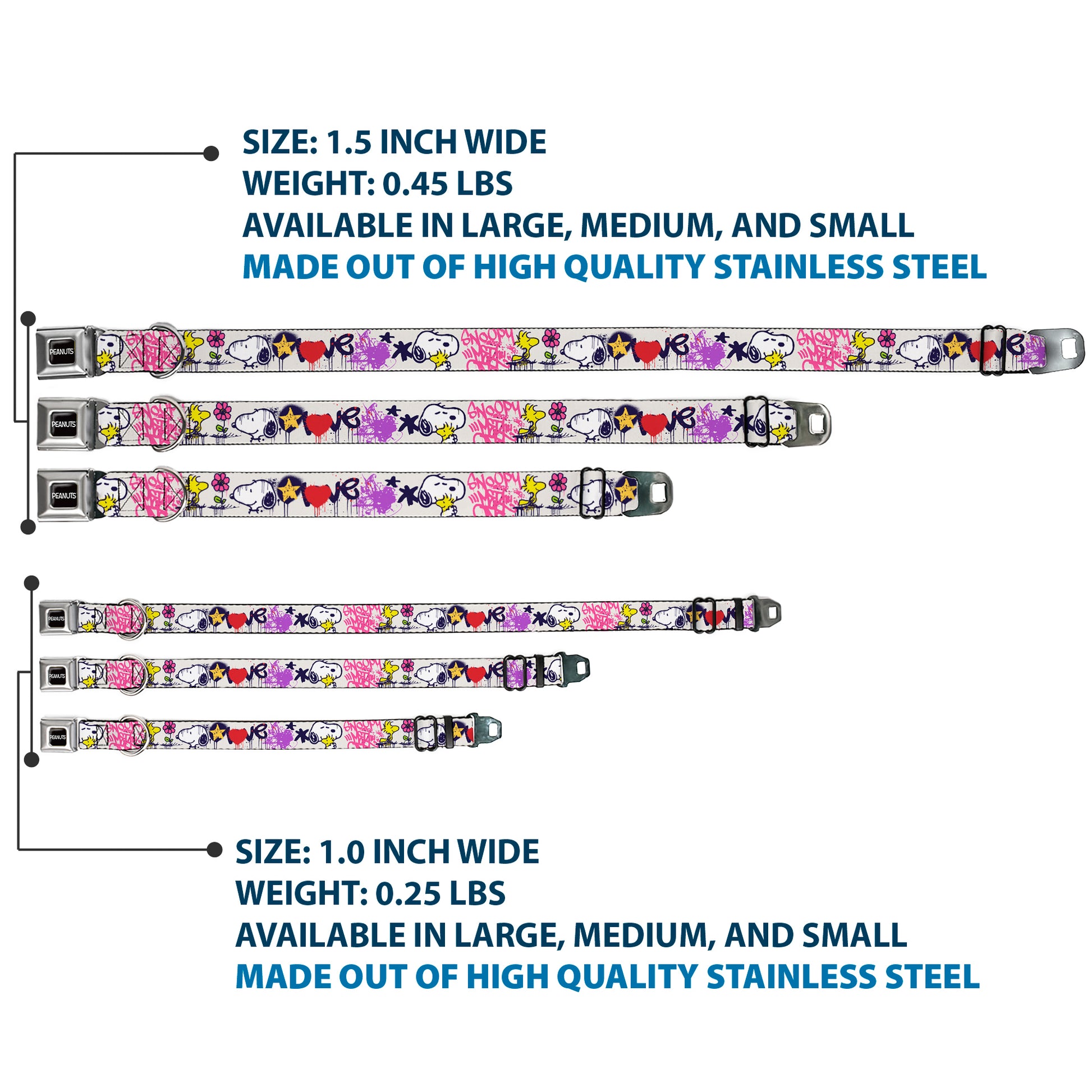 PEANUTS Title Logo Full Color Black/White Seatbelt Buckle Collar - Peanuts Snoopy and Woodstock Graffiti Collage White/Multi Color Seatbelt Buckle Collars Peanuts