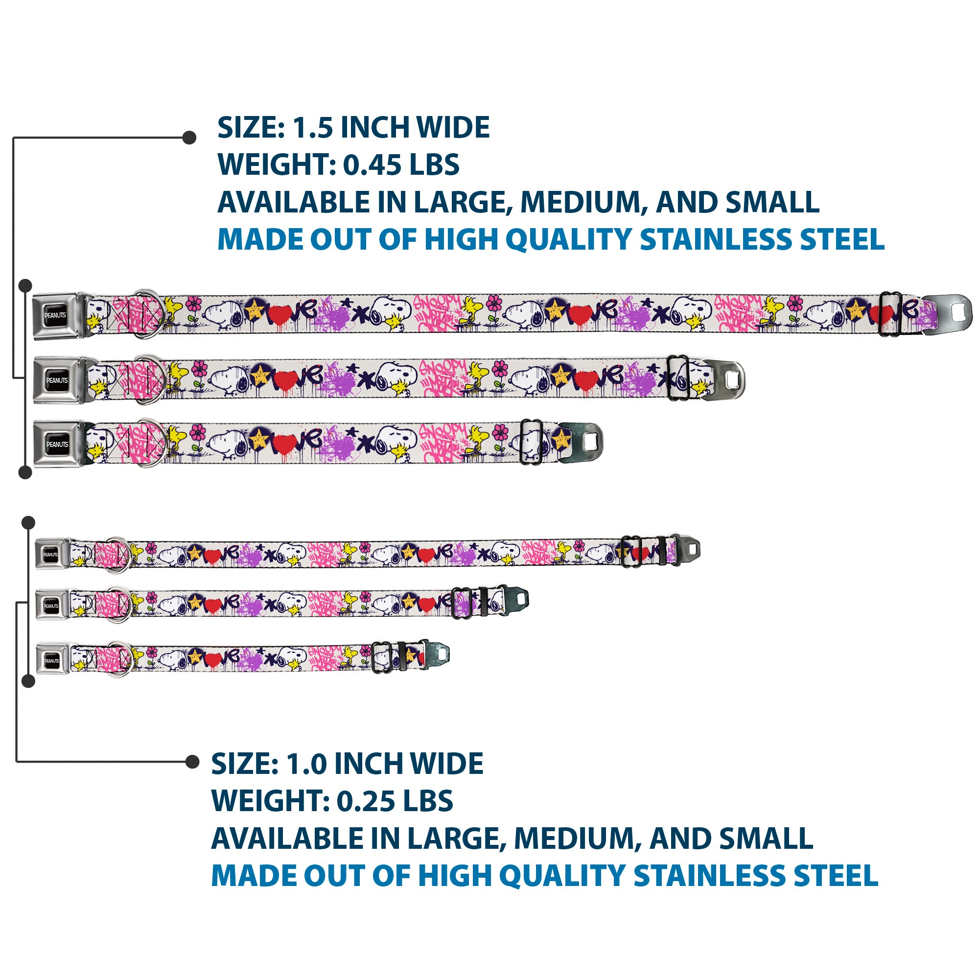 PEANUTS Title Logo Full Color Black/White Seatbelt Buckle Collar - Peanuts Snoopy and Woodstock Graffiti Collage White/Multi Color Seatbelt Buckle Collars Peanuts