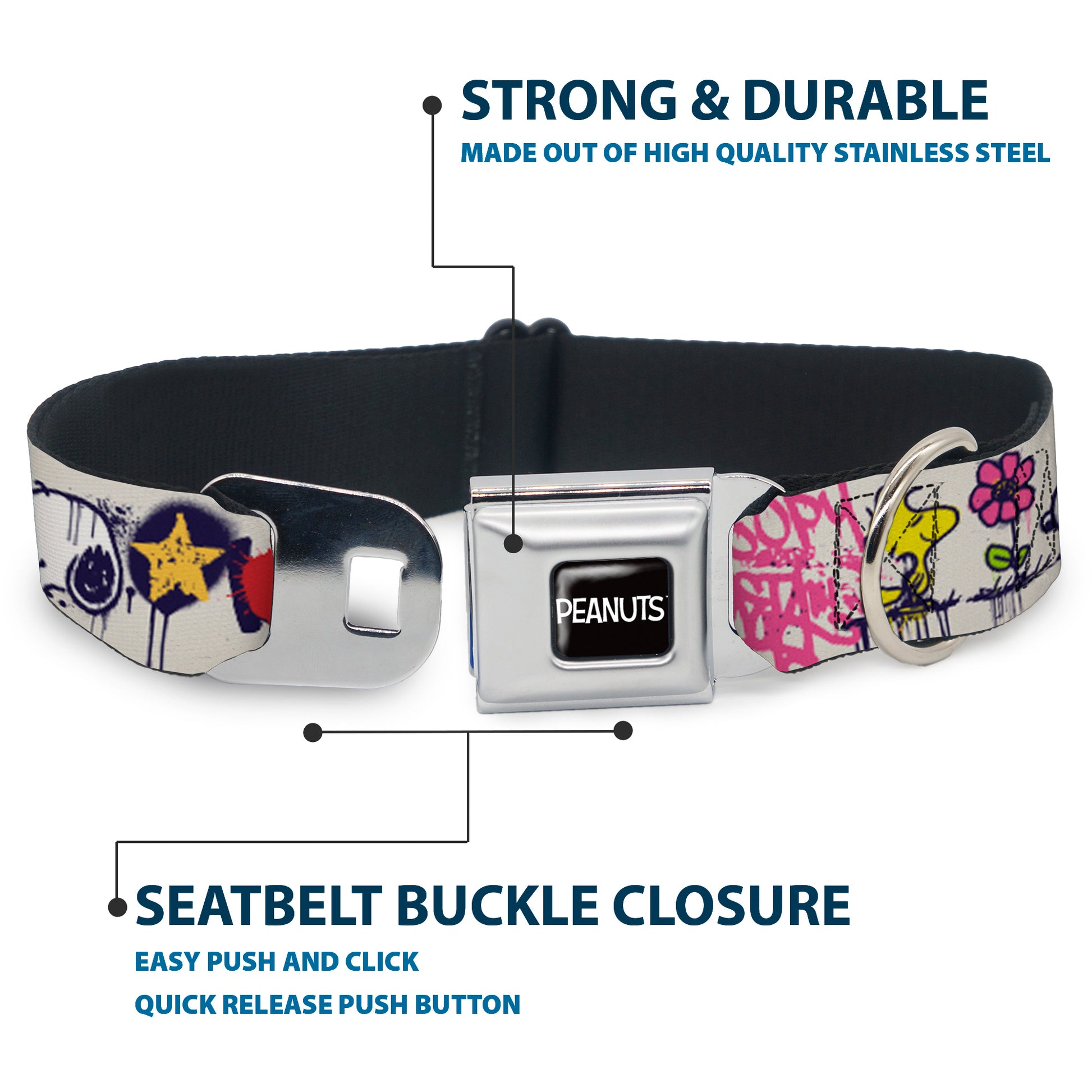 PEANUTS Title Logo Full Color Black/White Seatbelt Buckle Collar - Peanuts Snoopy and Woodstock Graffiti Collage White/Multi Color Seatbelt Buckle Collars Peanuts