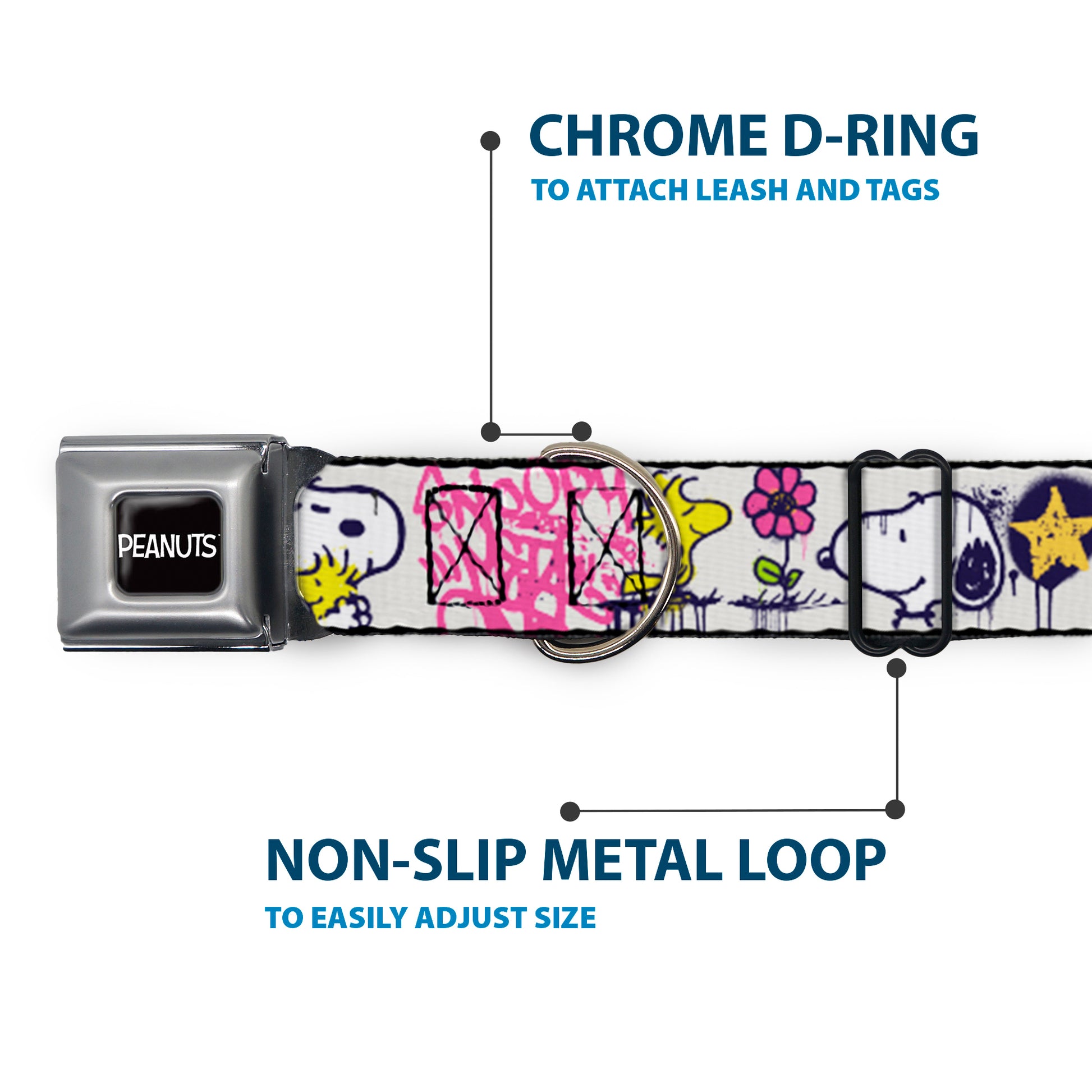 PEANUTS Title Logo Full Color Black/White Seatbelt Buckle Collar - Peanuts Snoopy and Woodstock Graffiti Collage White/Multi Color Seatbelt Buckle Collars Peanuts
