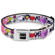 PEANUTS Title Logo Full Color Black/White Seatbelt Buckle Collar - Peanuts Snoopy and Woodstock Graffiti Collage White/Multi Color Seatbelt Buckle Collars Peanuts